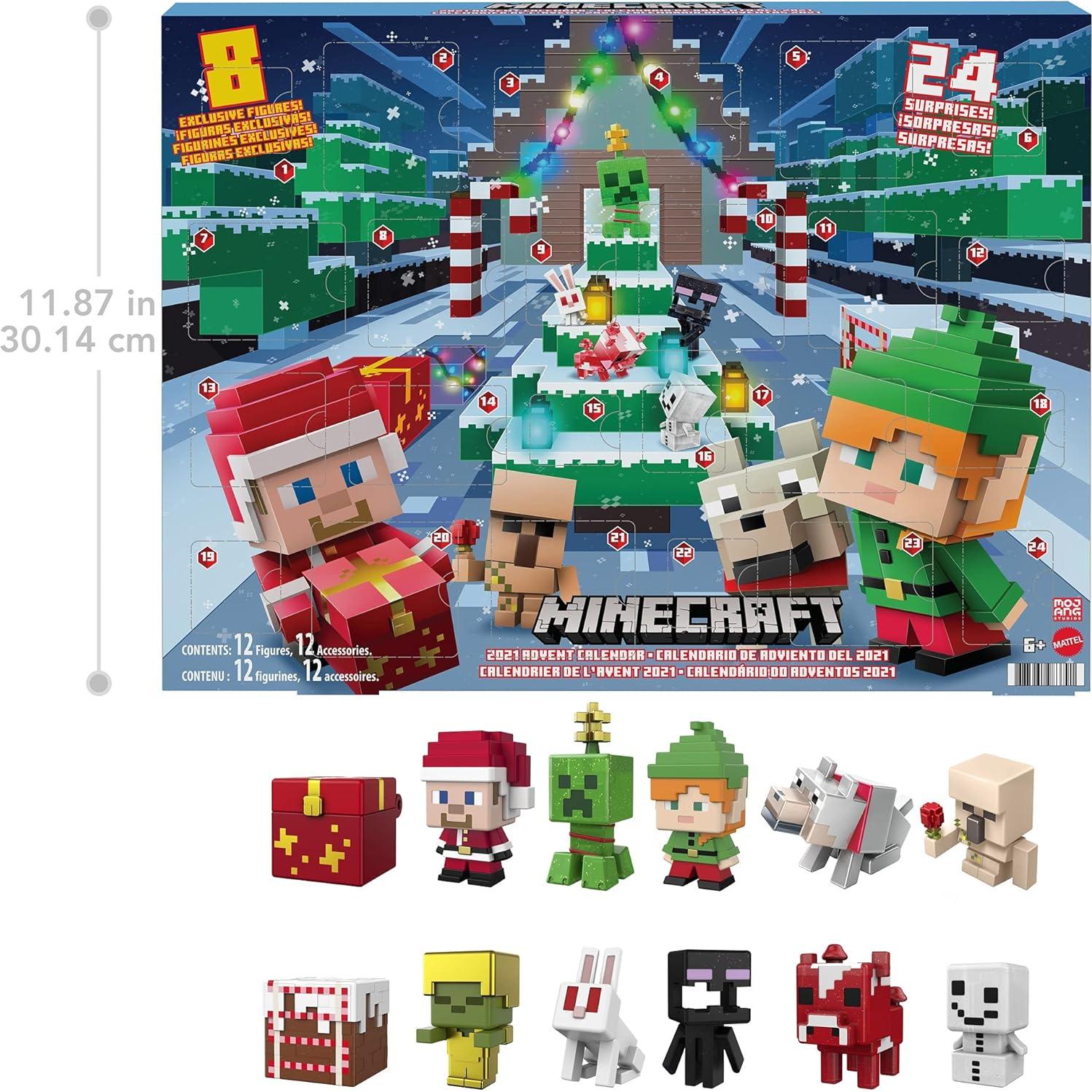 Calendario de Adviento Minecraft Mattel 2021 con 12 Figuras y Stickers