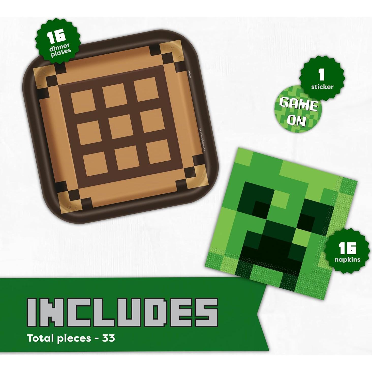 Decoraciones de Cumpleaños Minecraft Unique - Platos y Servilletas para 16 Invitados