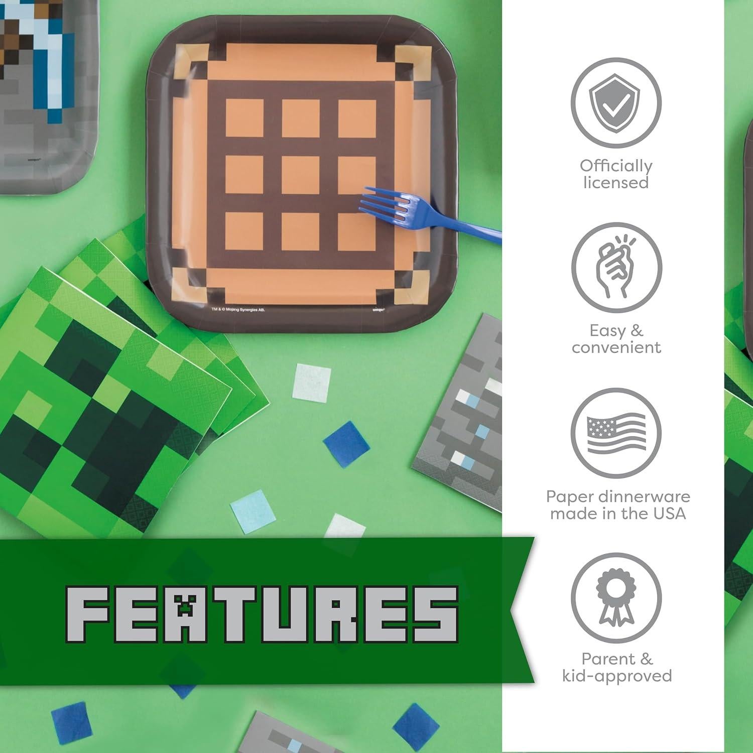 Decoraciones de Cumpleaños Minecraft Unique - Platos y Servilletas para 16 Invitados