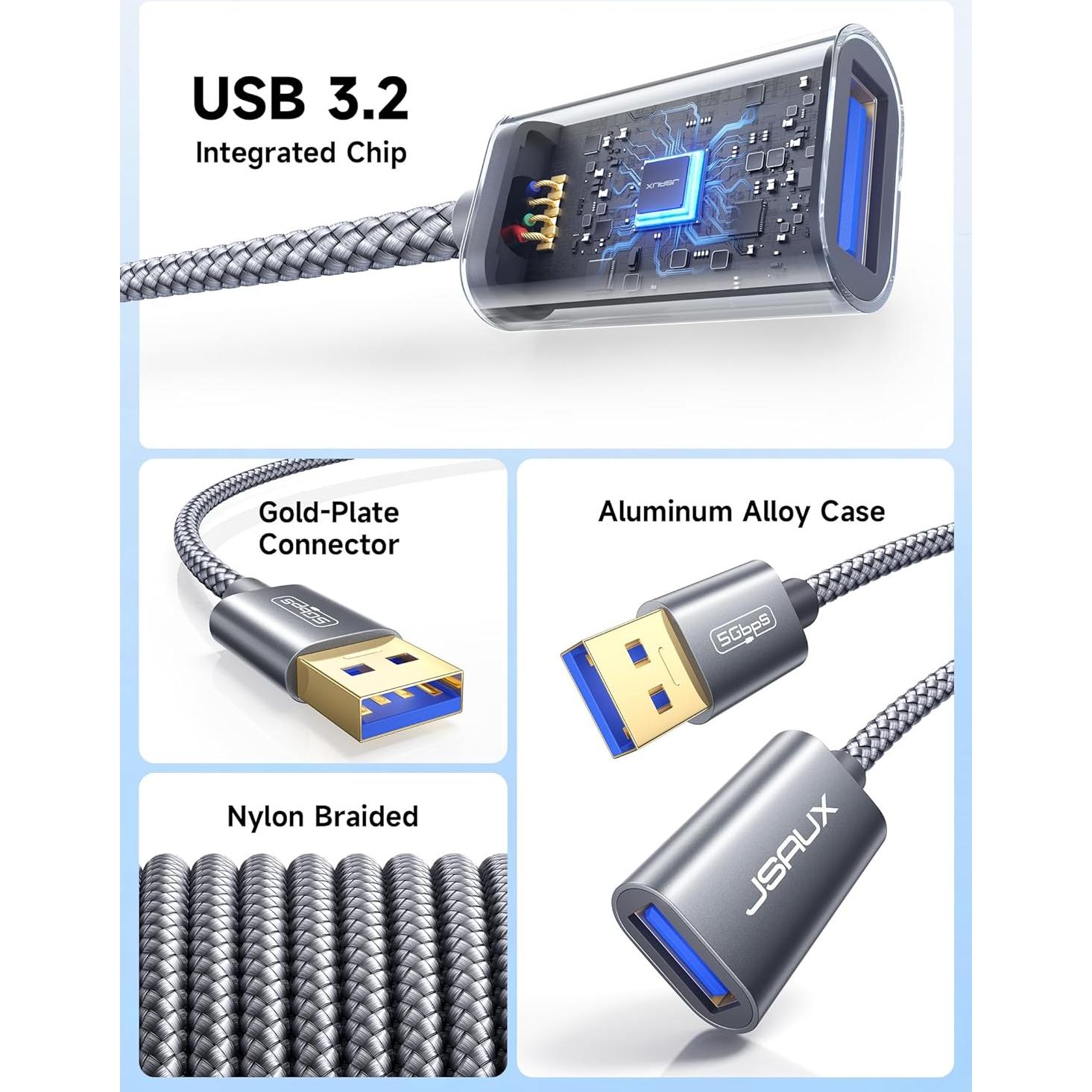 Cable de Extensión USB 3.0 JSAUX 0.5M Gris - Transferencia Rápida