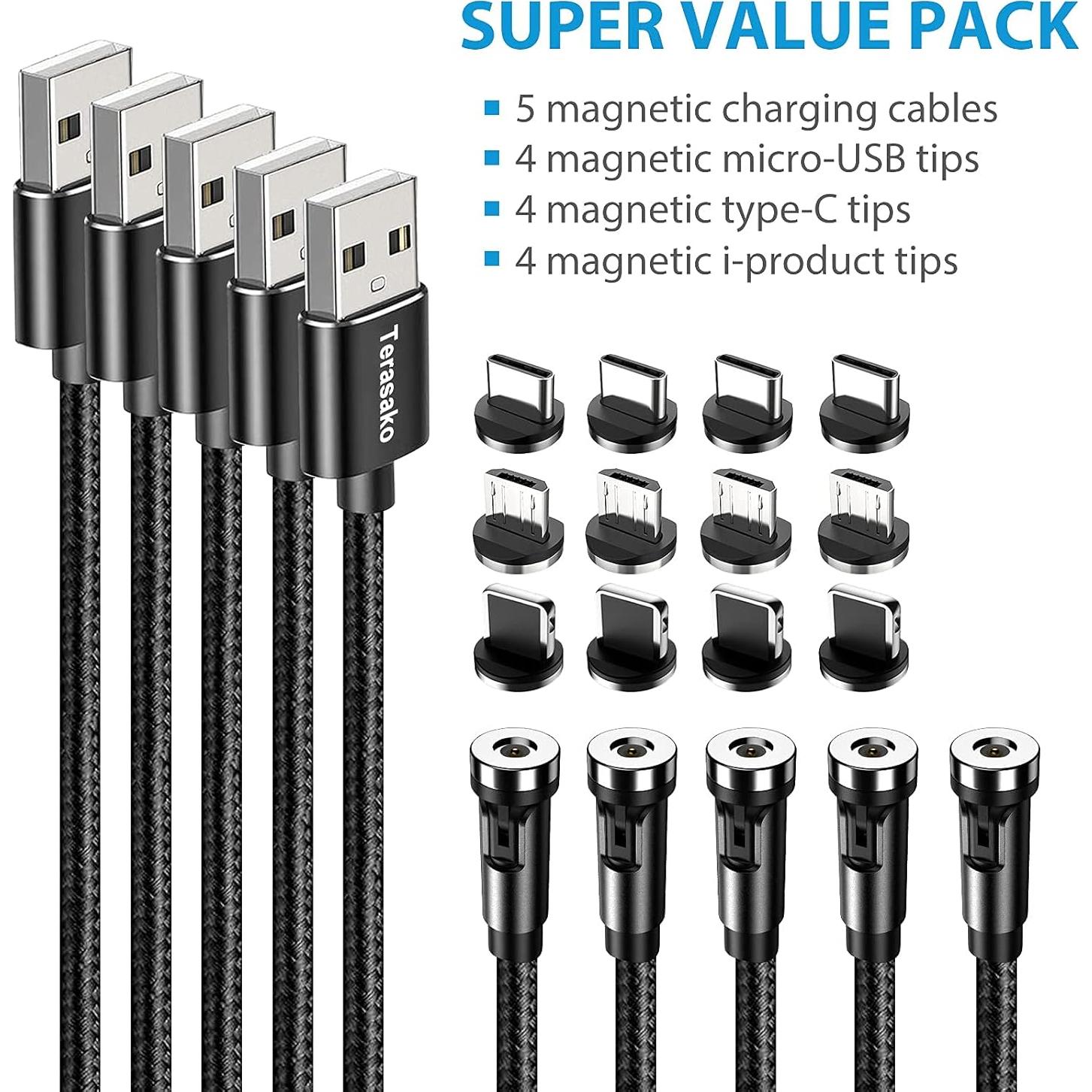 Cable de Carga Magnético Terasako 5-Pack 0.91-3.05 m Negro