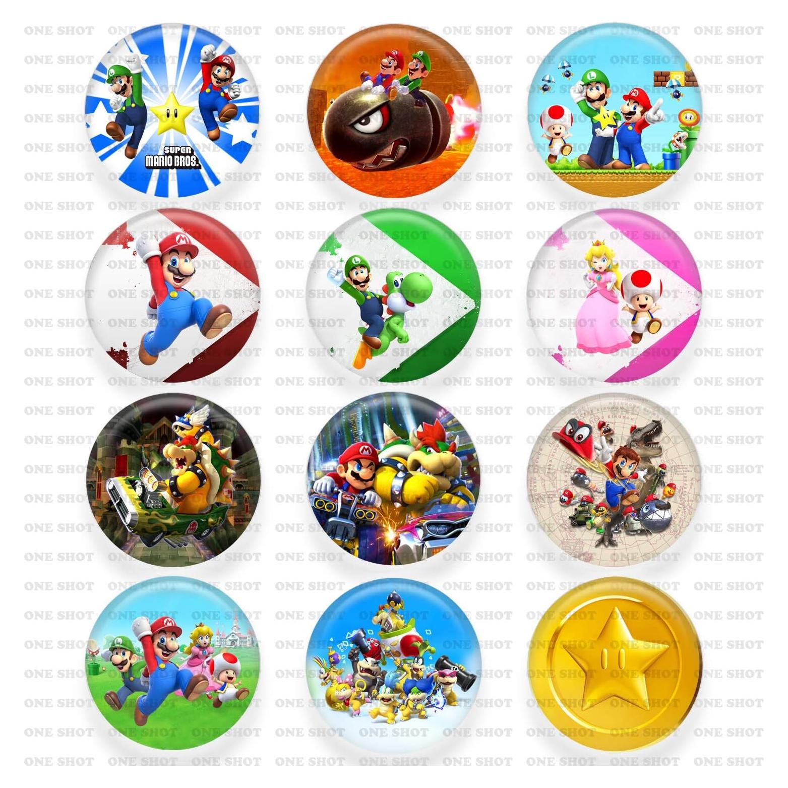 Super Mario Pinback Buttons - Red, Modern, Unisex, Set of 12, 2.25" Party Favors