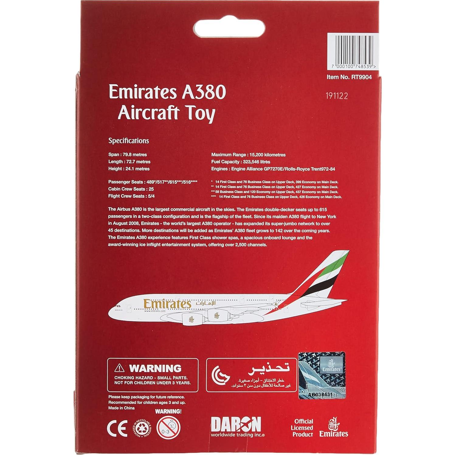 Avión de Metal Daron Emirates A380 15 cm para Niños +3