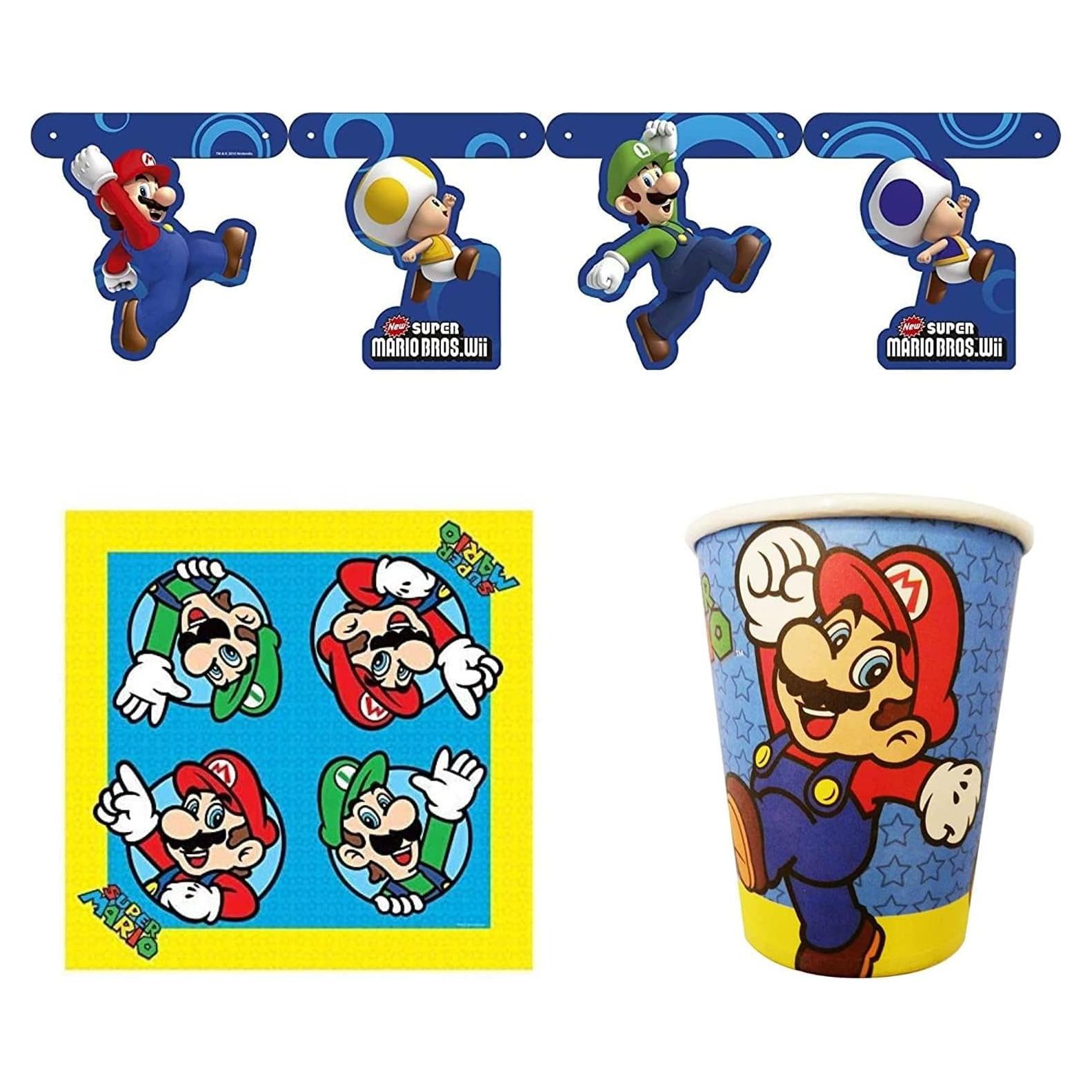 Conjunto Fiesta Super Mario Bros 3 Piezas - 8 Vasos, 16 Servilletas, Banner 150cm