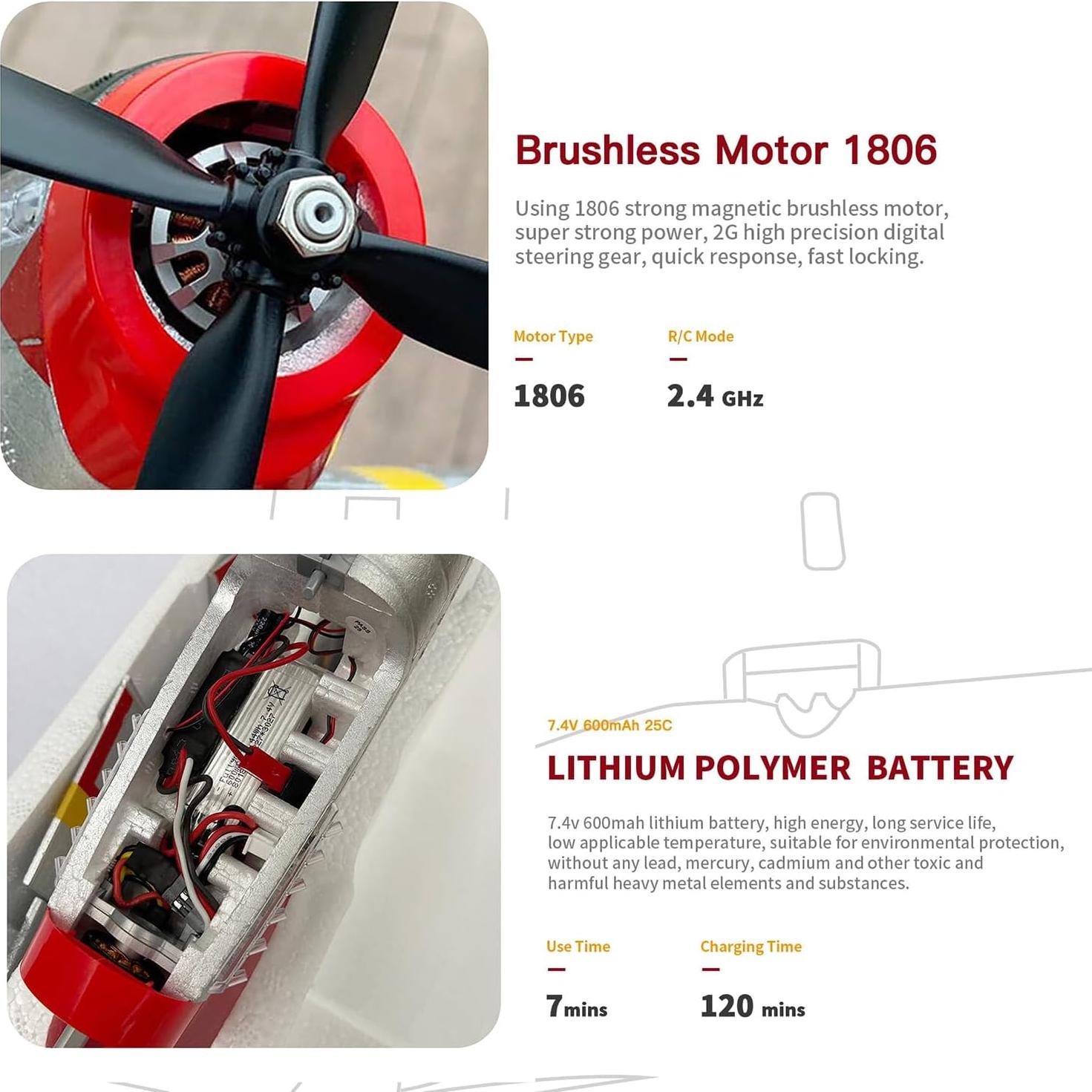 Avión RC P51 Mustang 560mm 4CH con 2 baterías y LED