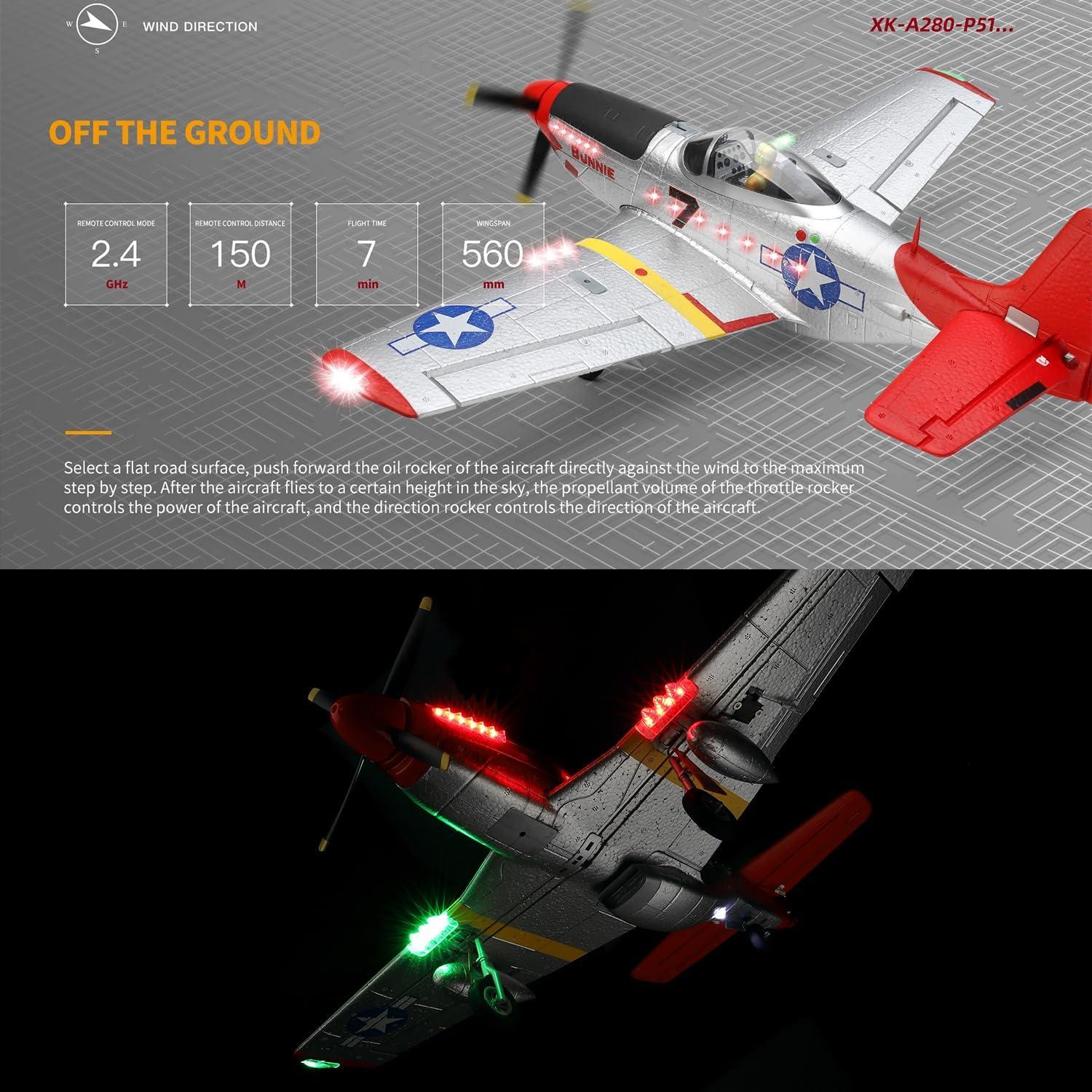 Avión RC P51 Mustang 560mm 4CH con 2 baterías y LED