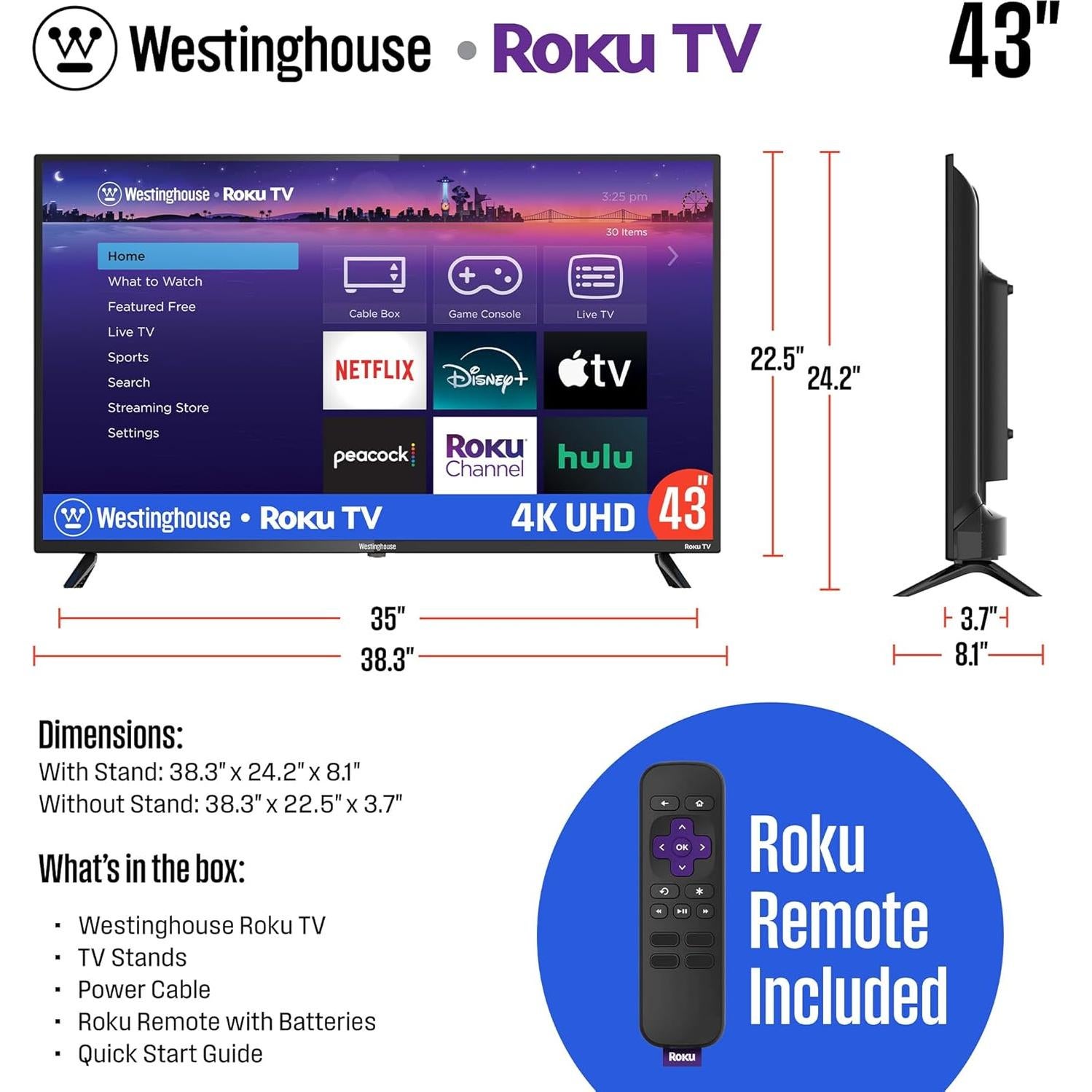 Televisor Westinghouse Roku 4K UHD 109 cm Wi-Fi HDR