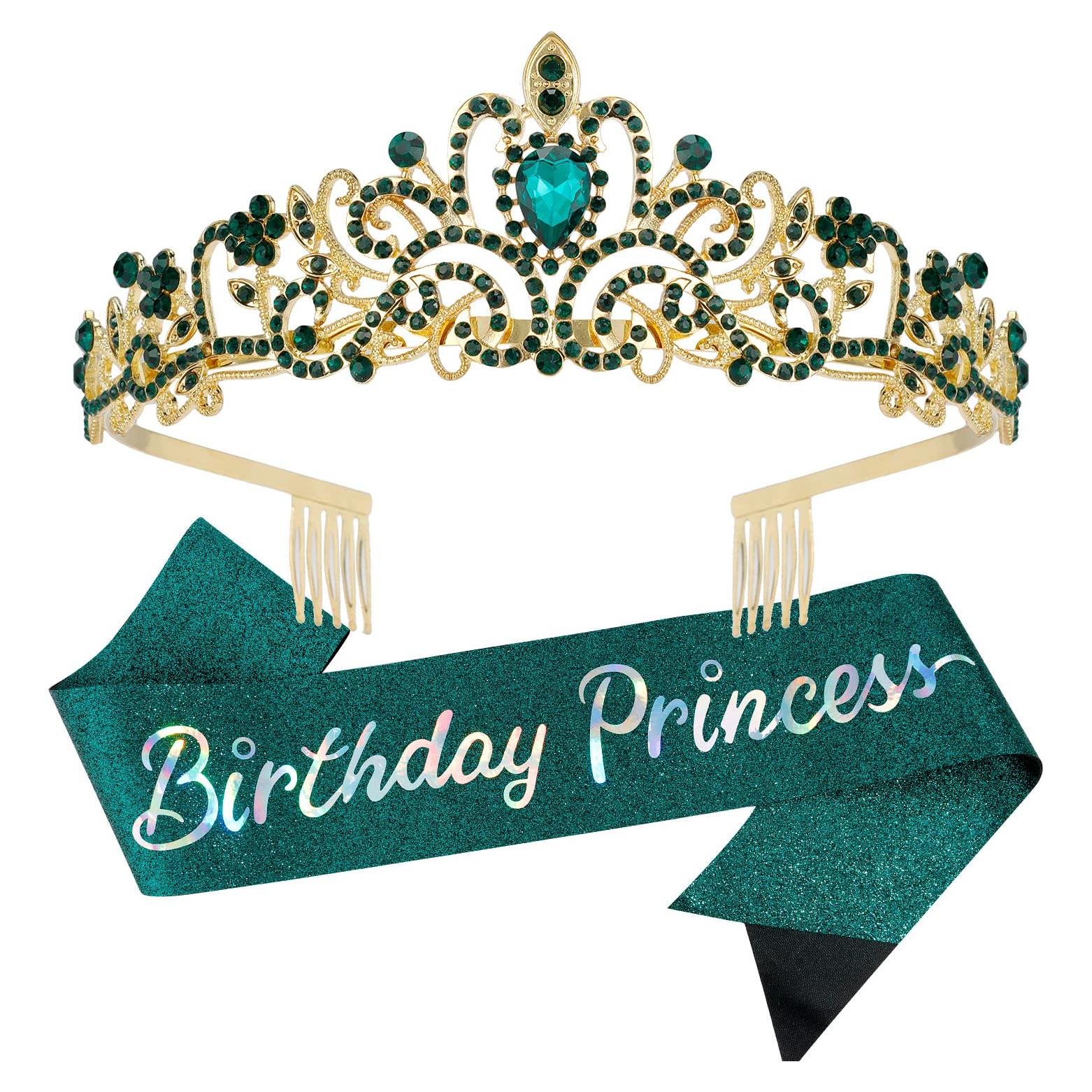 Corona de Princesa Velscrun con Tiara Verde y Banda 170 cm