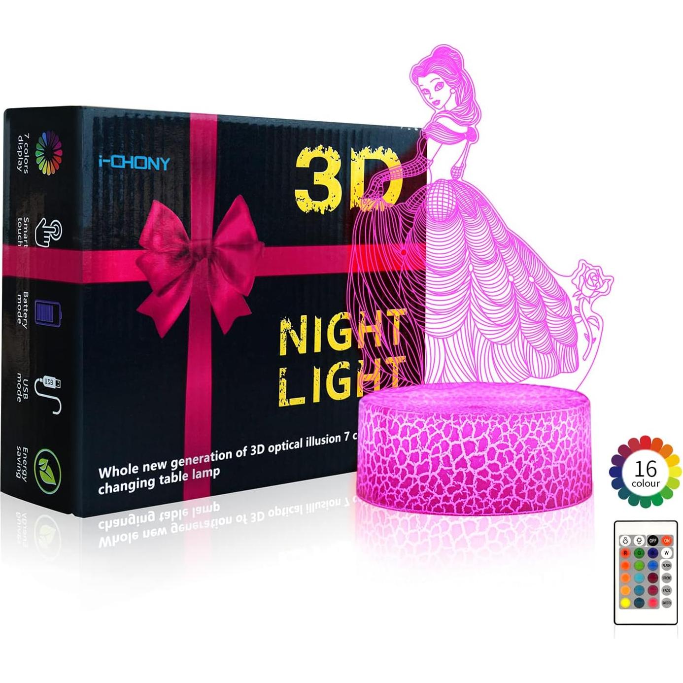 Lámpara de Noche 3D i-CHONY Princesa con Control Remoto 16 Colores
