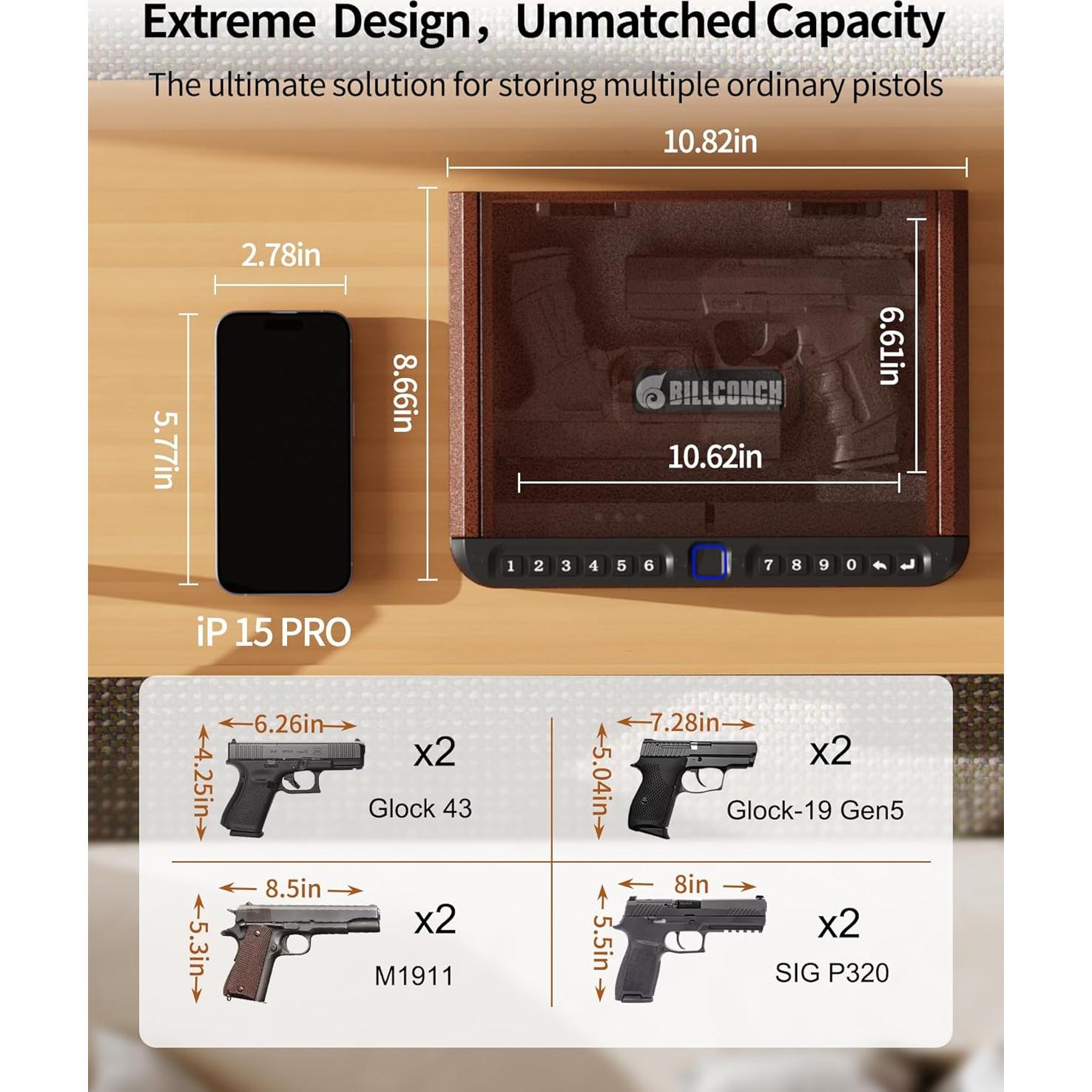 Caja Fuerte Biométrica BILLCONCH para Pistolas - 4 Métodos de Acceso