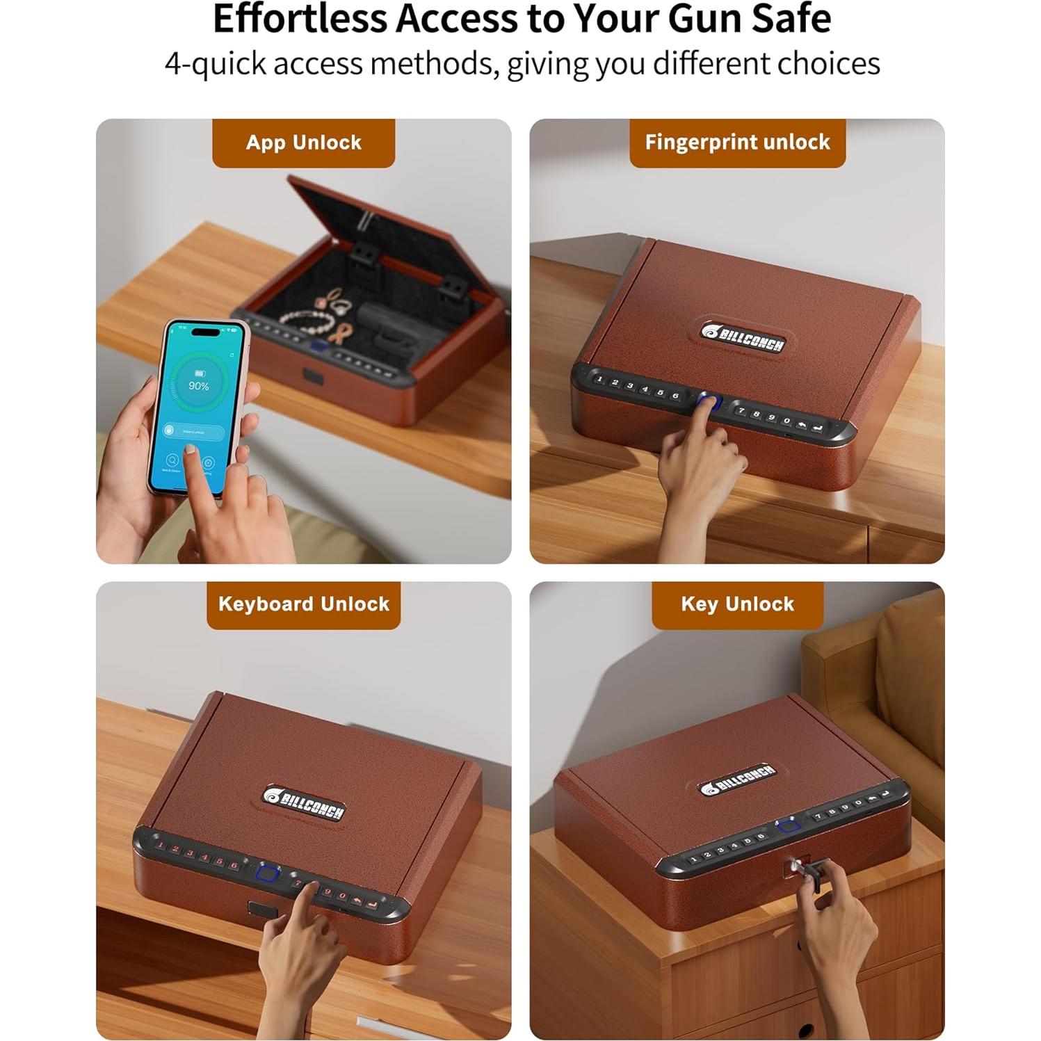 Caja Fuerte Biométrica BILLCONCH para Pistolas - 4 Métodos de Acceso