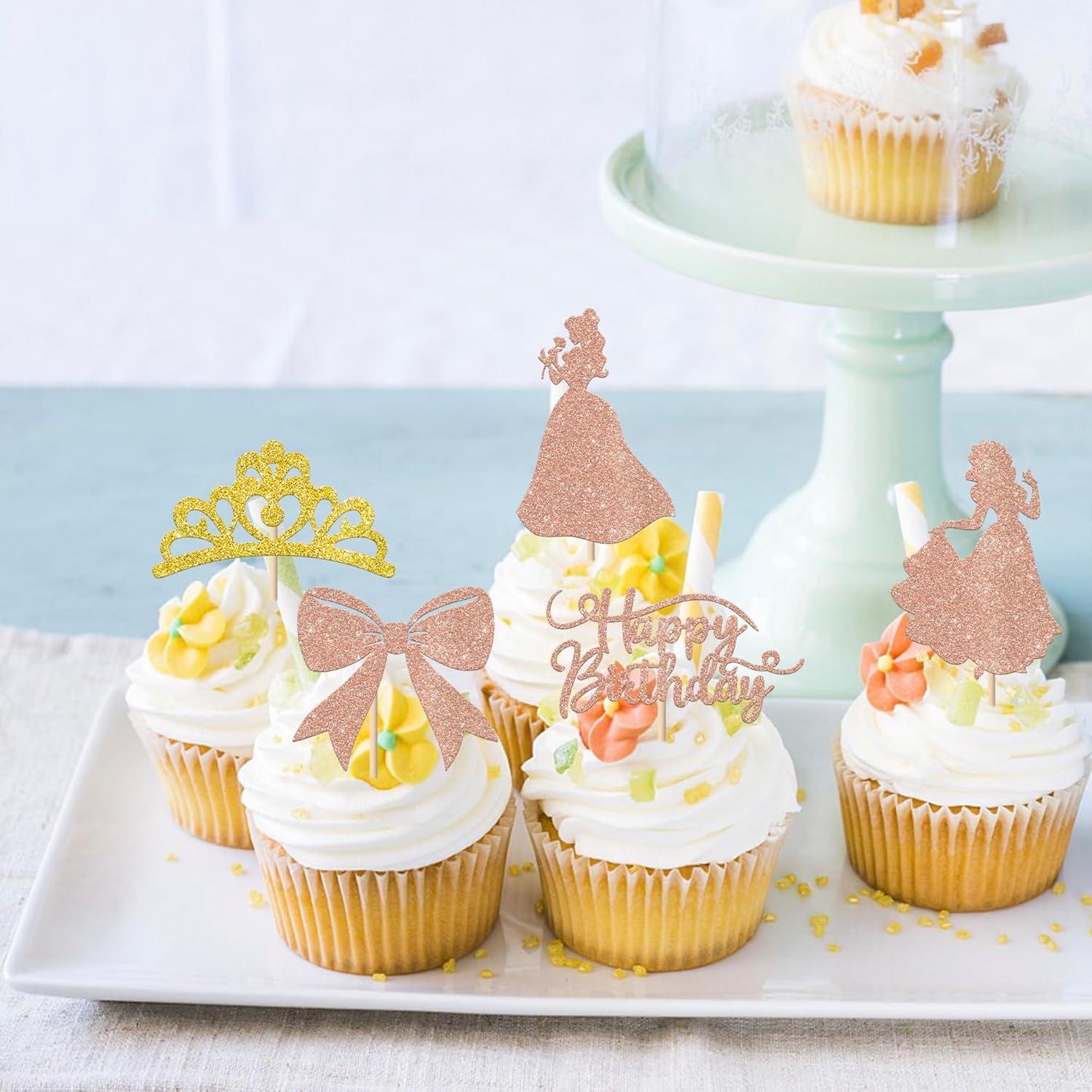 Toppers de Cupcake Princesa Rsstarxi 24 Piezas Rosa Dorado