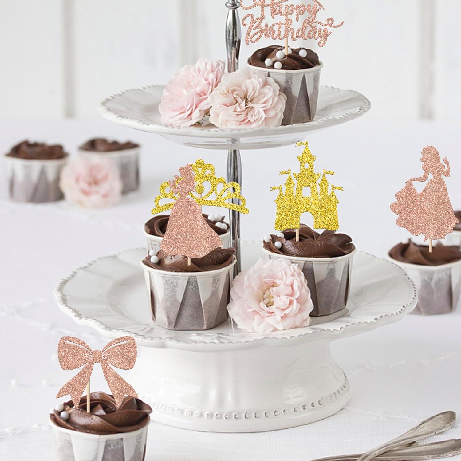 Toppers de Cupcake Princesa Rsstarxi 24 Piezas Rosa Dorado