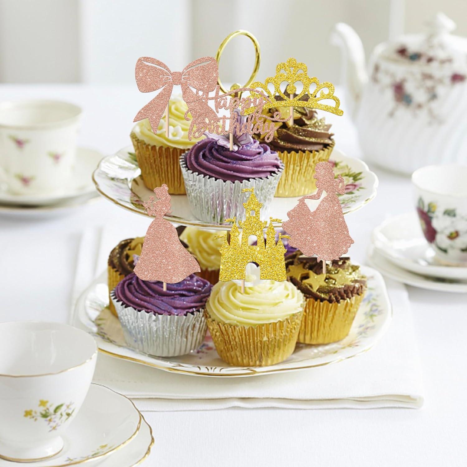 Toppers de Cupcake Princesa Rsstarxi 24 Piezas Rosa Dorado