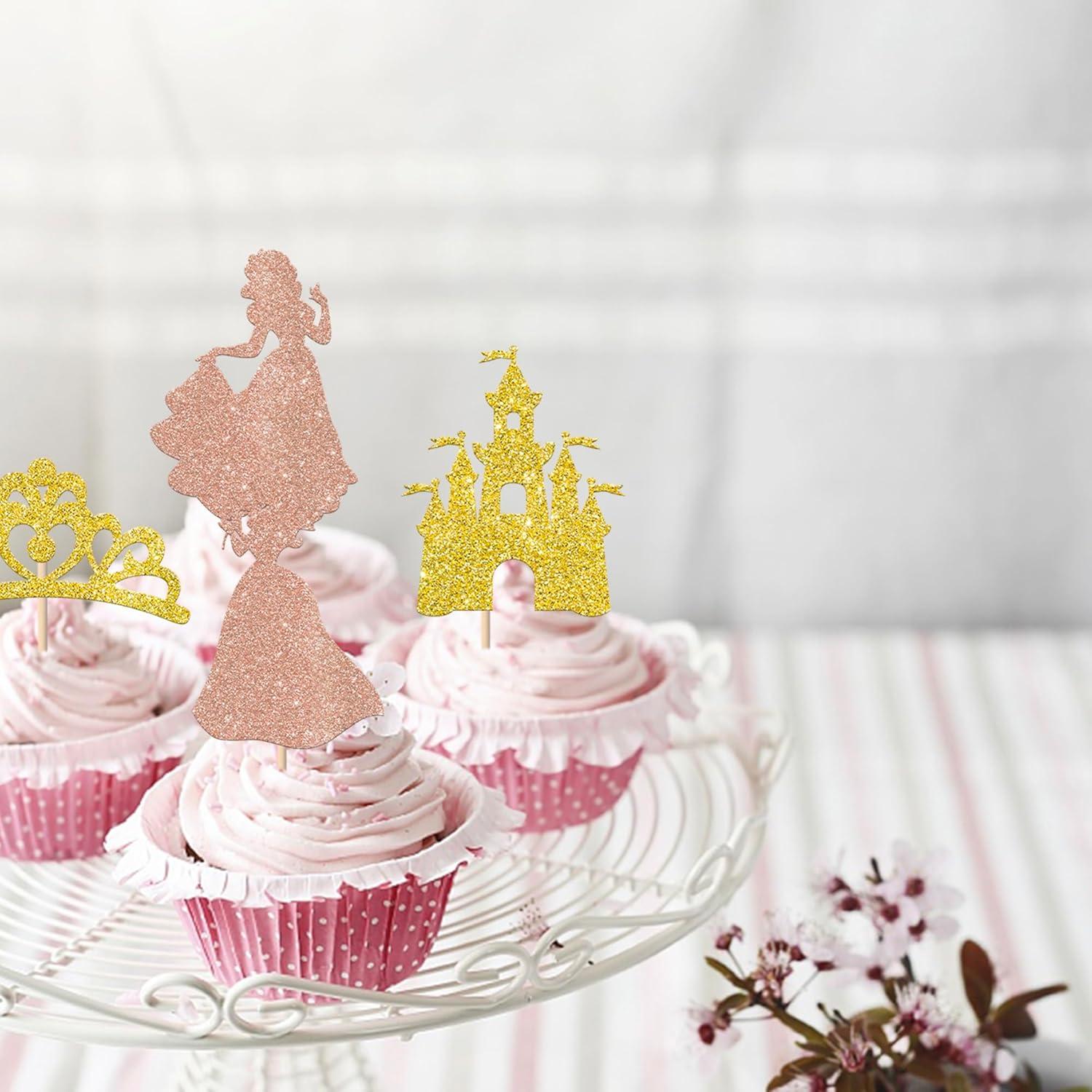 Toppers de Cupcake Princesa Rsstarxi 24 Piezas Rosa Dorado