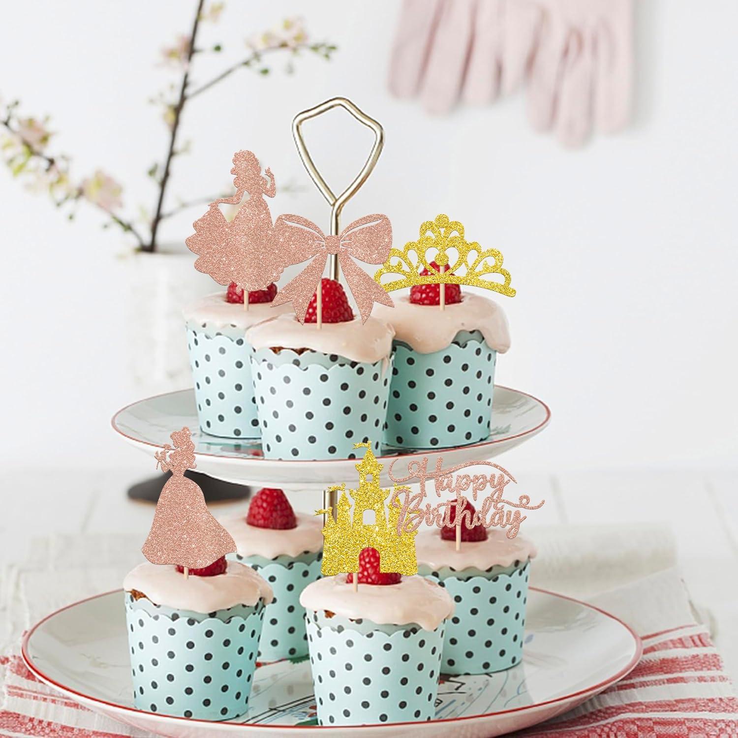 Toppers de Cupcake Princesa Rsstarxi 24 Piezas Rosa Dorado