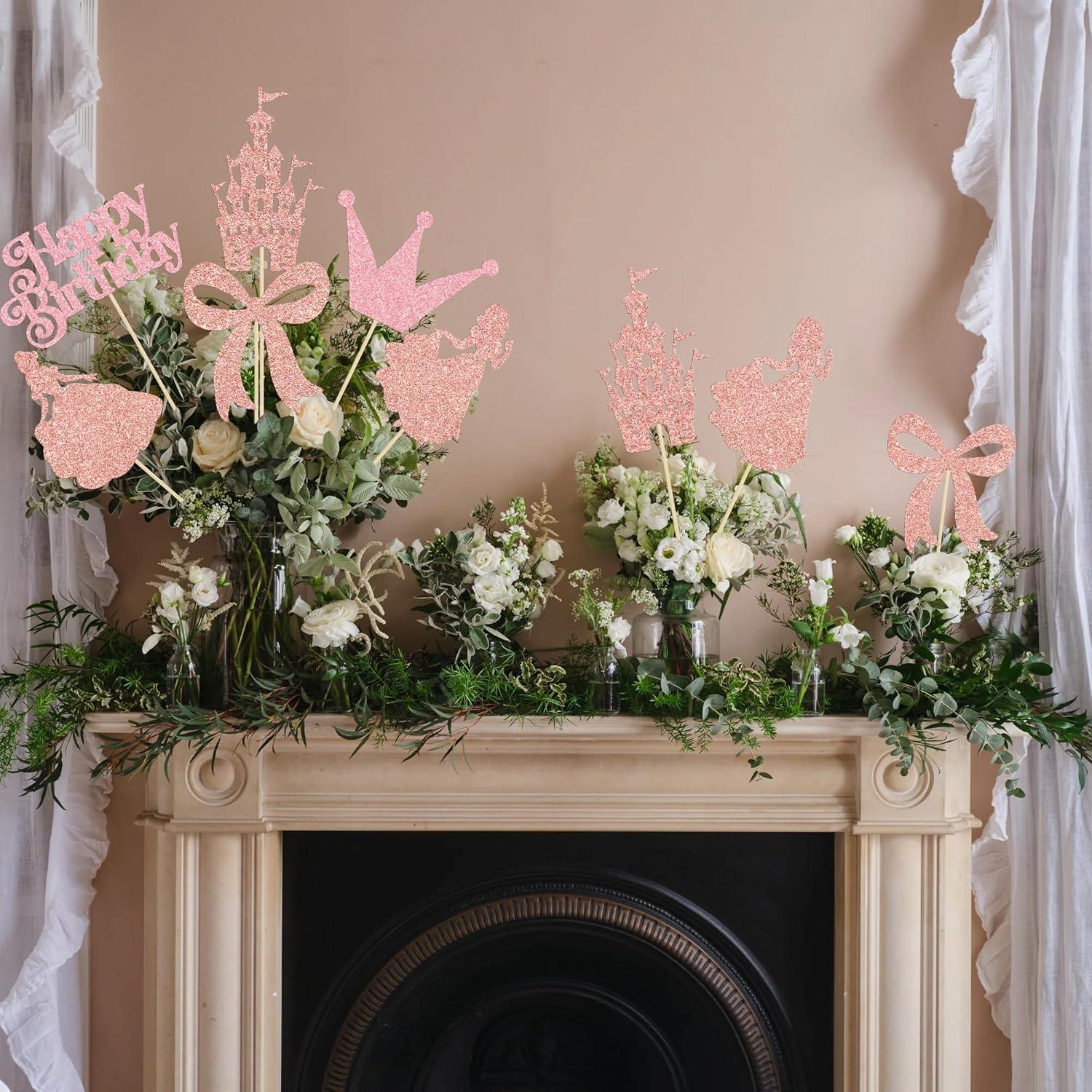 Gyufise 12 Palitos de Centro de Mesa Lazo Rosa Dorado 26cm