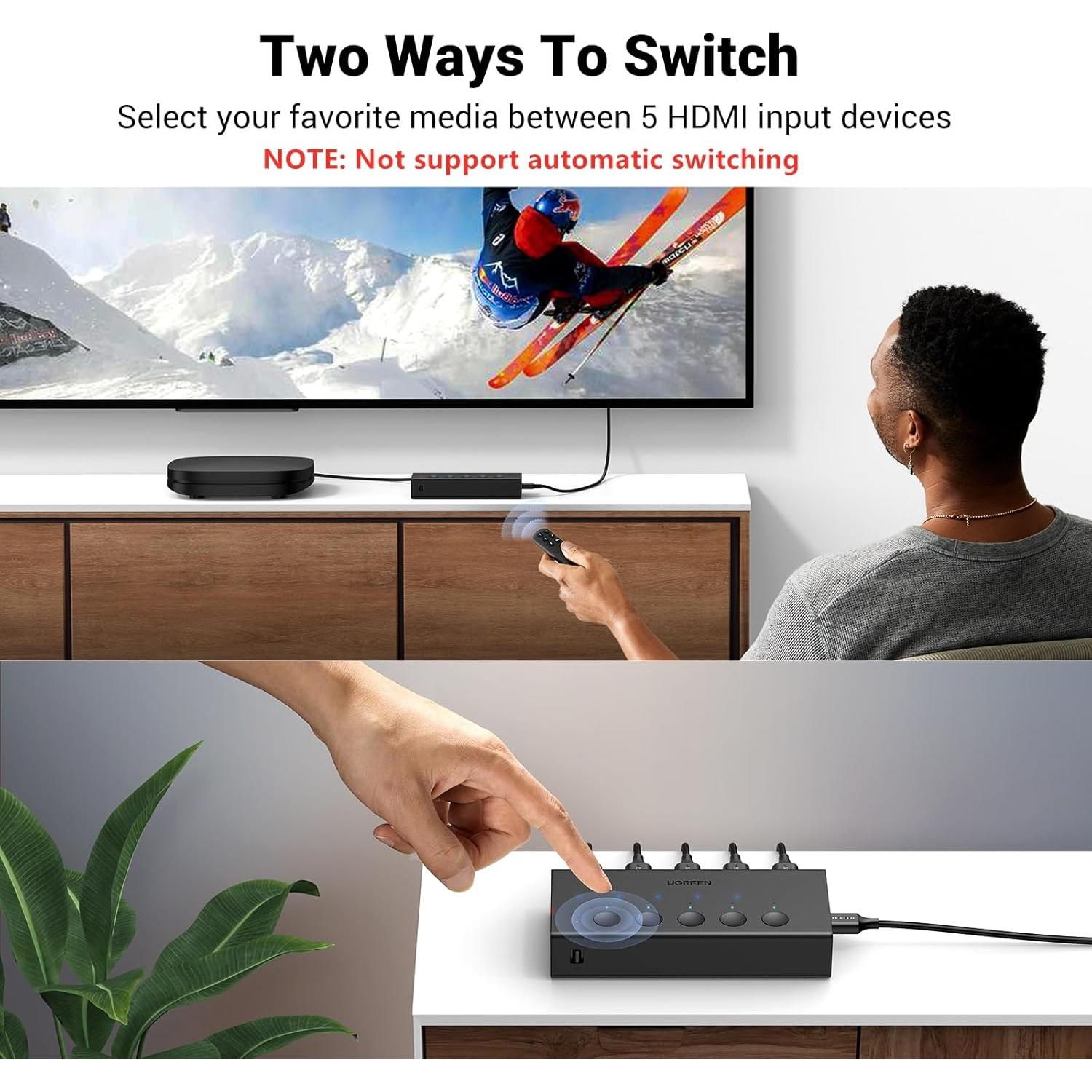 UGREEN Interruptor HDMI 5 en 1 4K@60Hz Control Remoto Negro