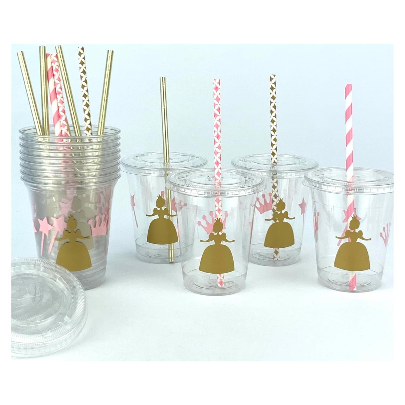 Set de 12 Vasos Desechables Rosa y Dorado Princesa 355 ml