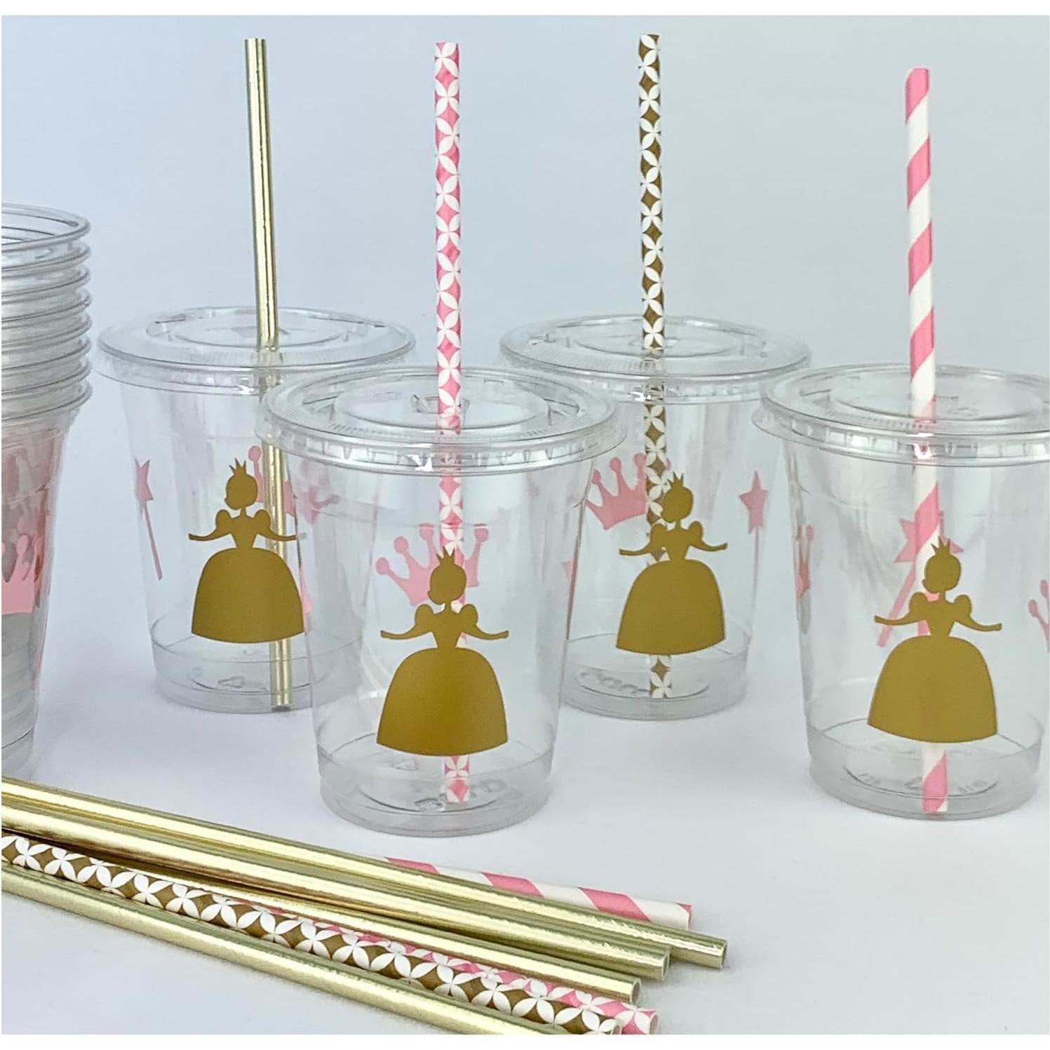 Set de 12 Vasos Desechables Rosa y Dorado Princesa 355 ml