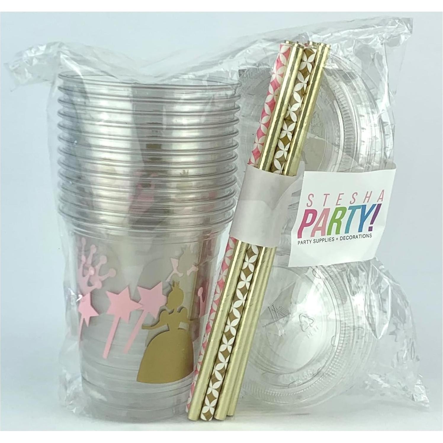 Set de 12 Vasos Desechables Rosa y Dorado Princesa 355 ml