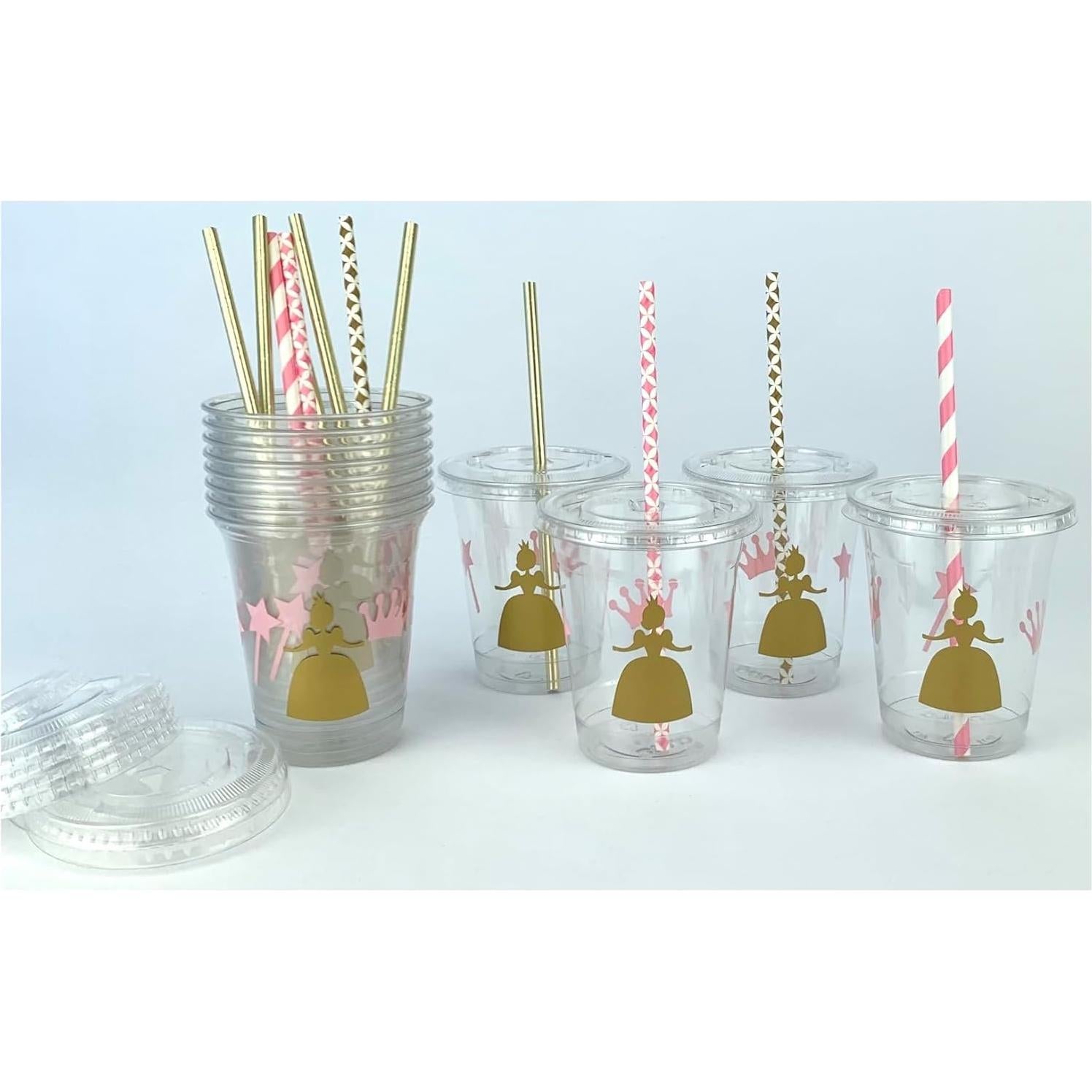 Set de 12 Vasos Desechables Rosa y Dorado Princesa 355 ml