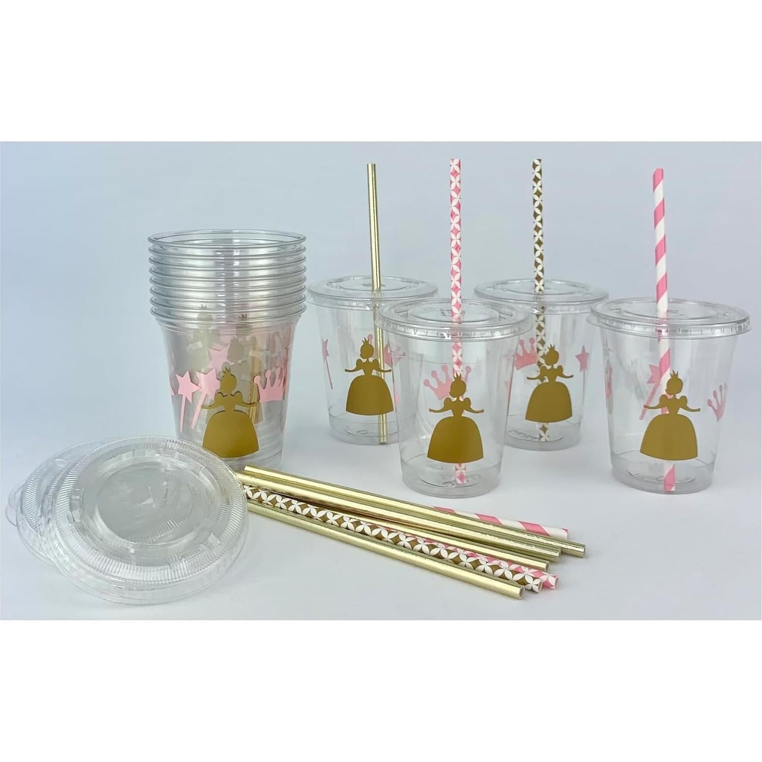Set de 12 Vasos Desechables Rosa y Dorado Princesa 355 ml