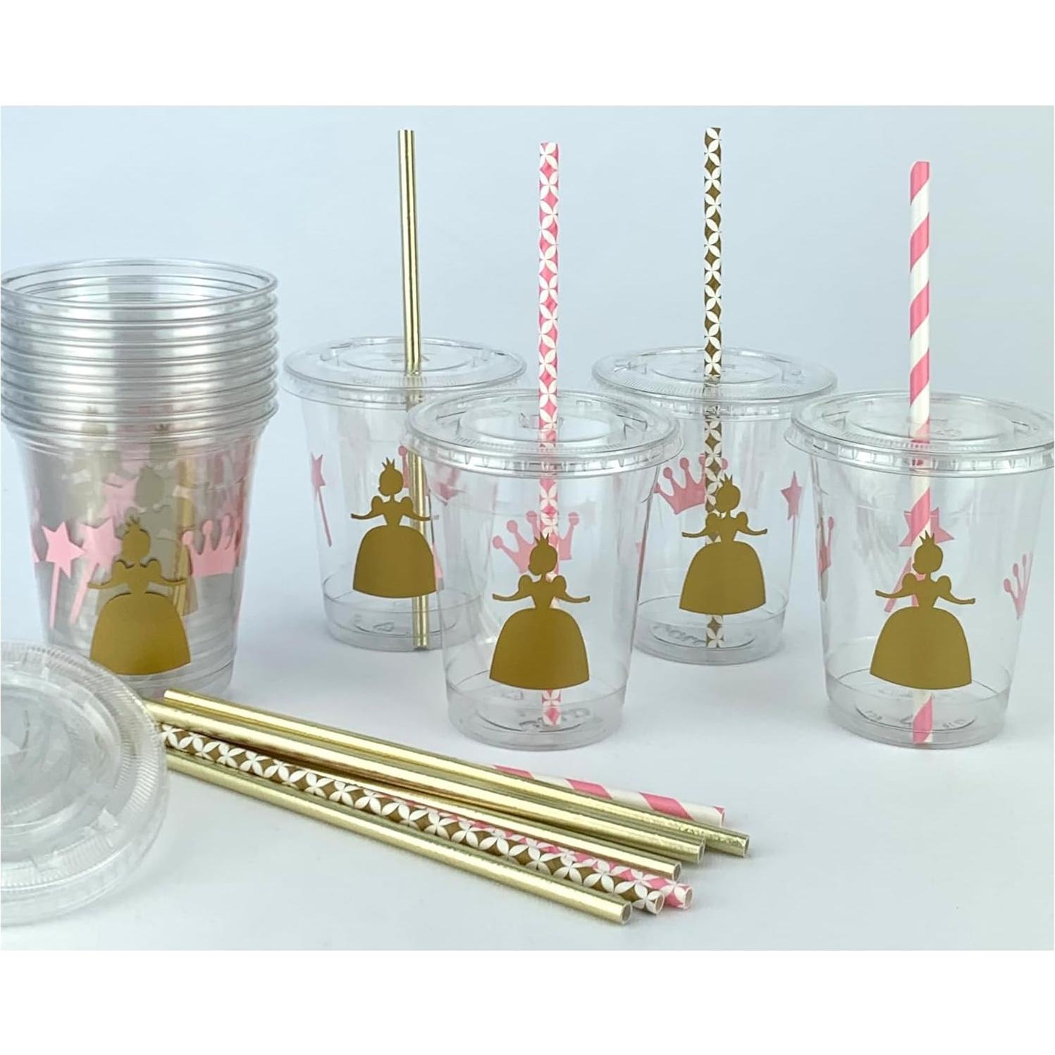 Set de 12 Vasos Desechables Rosa y Dorado Princesa 355 ml