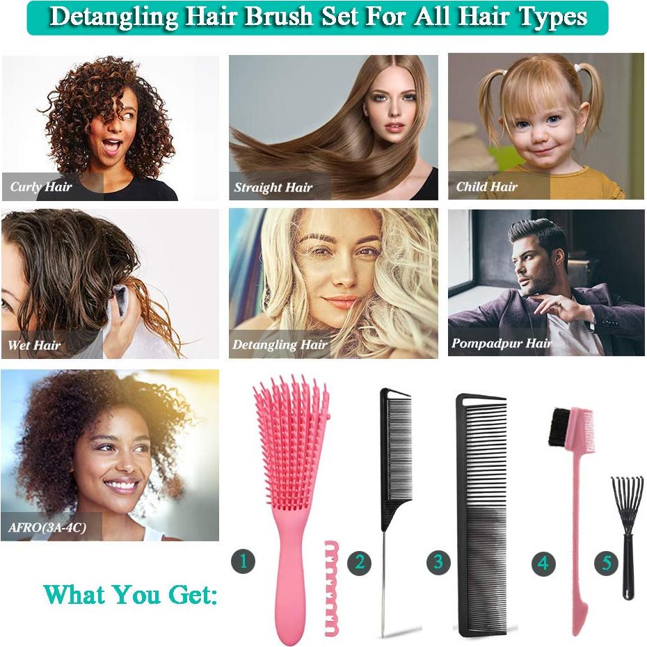 Juego de Cepillos Desenredantes EZ 5 Piezas Rosa y Negro