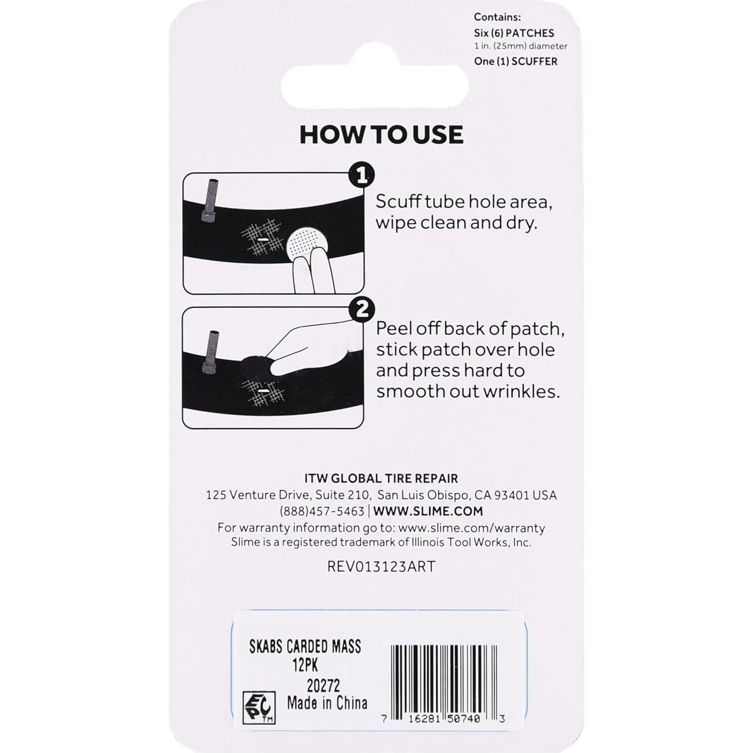 Slime 20272 Bike Skabs Pre-Glued Patch Kit, for bike tube puncture repair, Peel and Stick, contains 6 patches and a metal scuffer