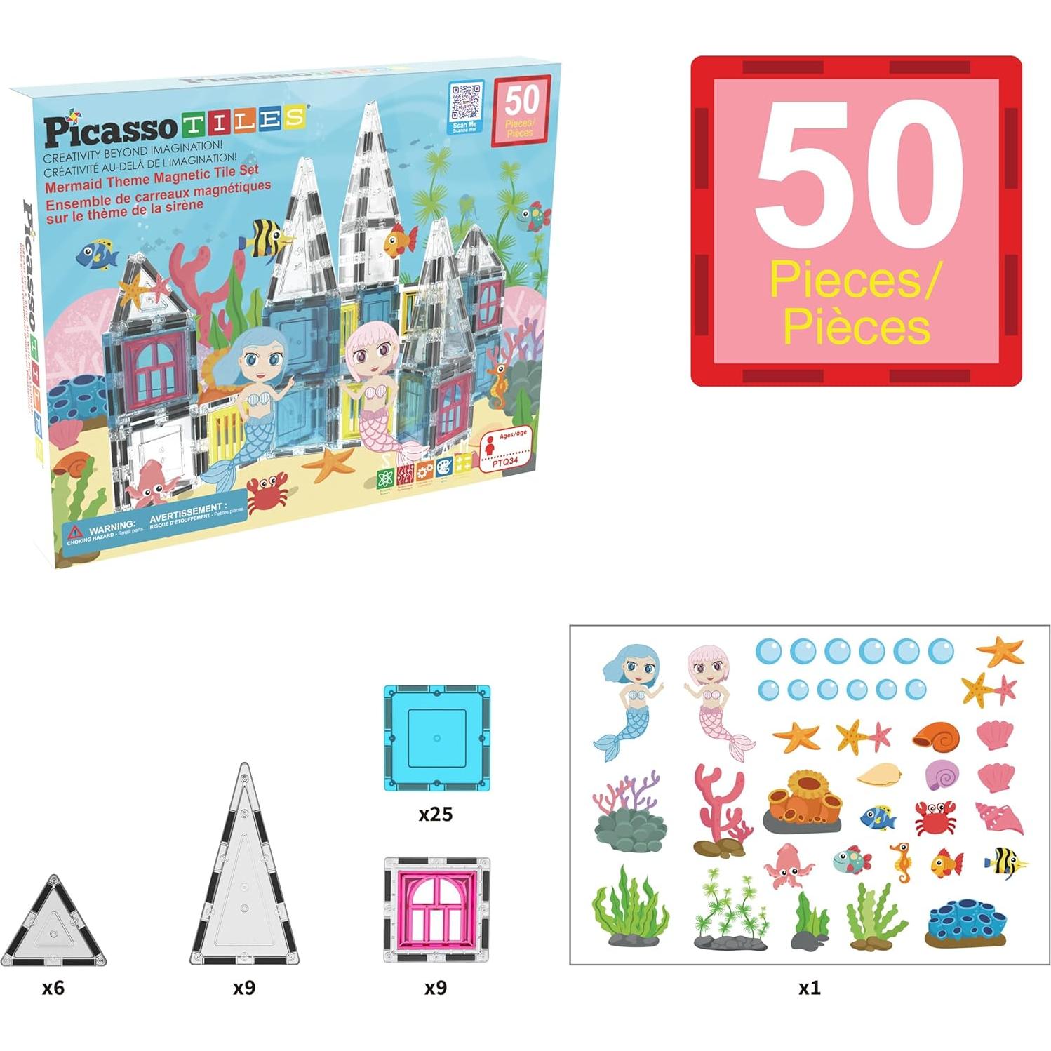 PicassoTiles 50 Piezas Azulejos Magnéticos Sirena Juguete STEM