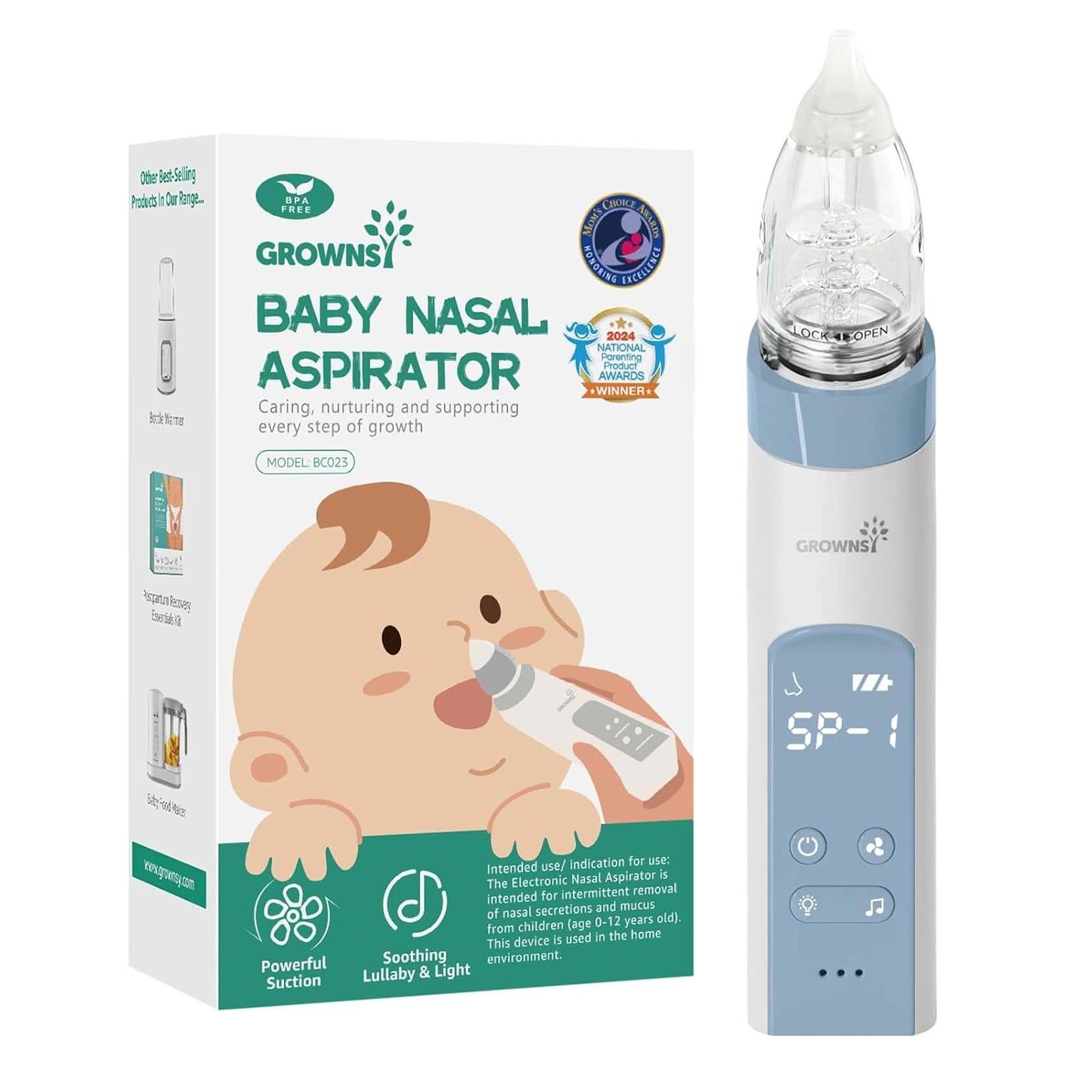 Aspirador Nasal Eléctrico GROWNSY para Bebé Azul con 3 Puntas