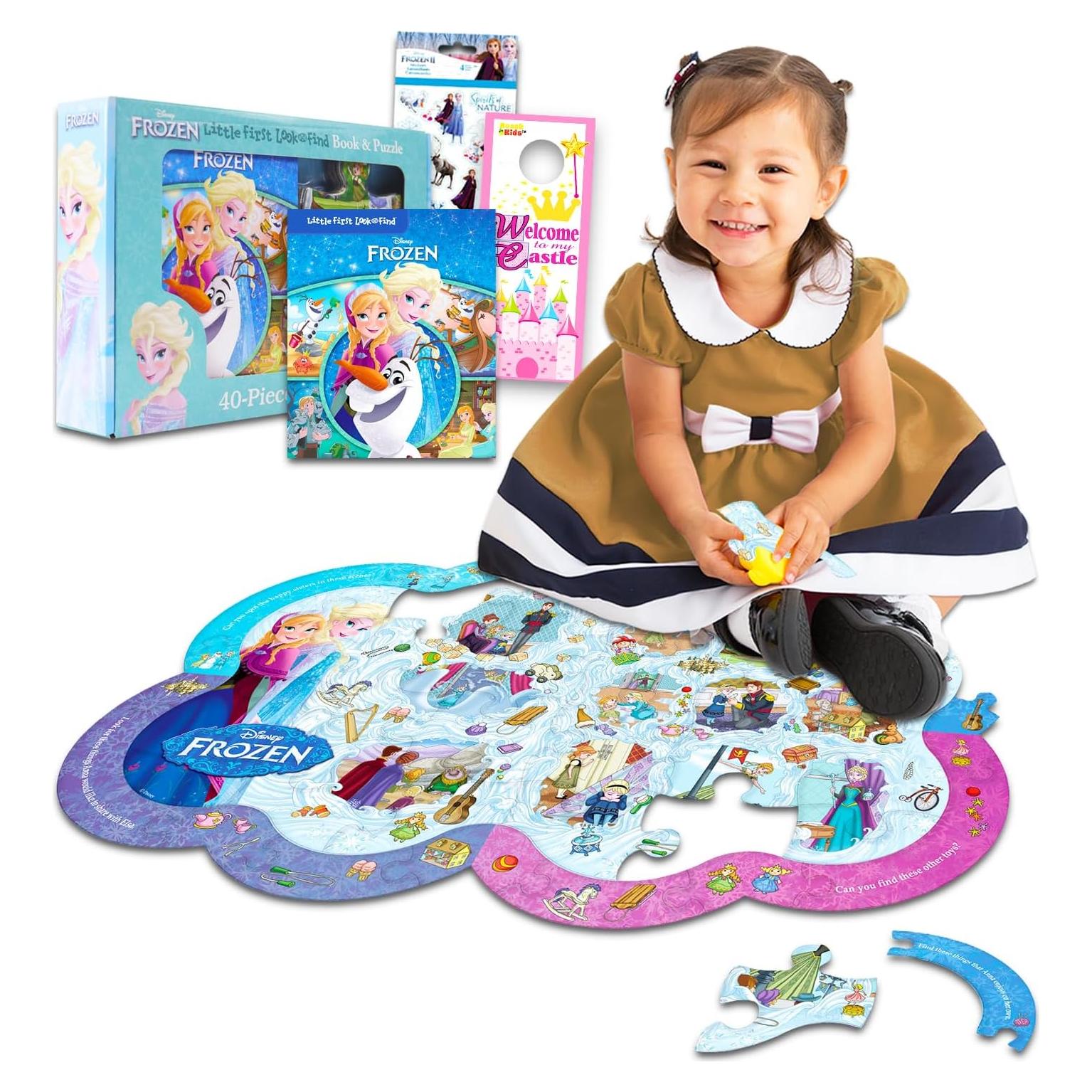 Frozen Floor Puzzle Set - Bundle with Elsa Foam Floor Puzzle, Look and Find Book, Stickers, More | Disney Activity Set for Kids