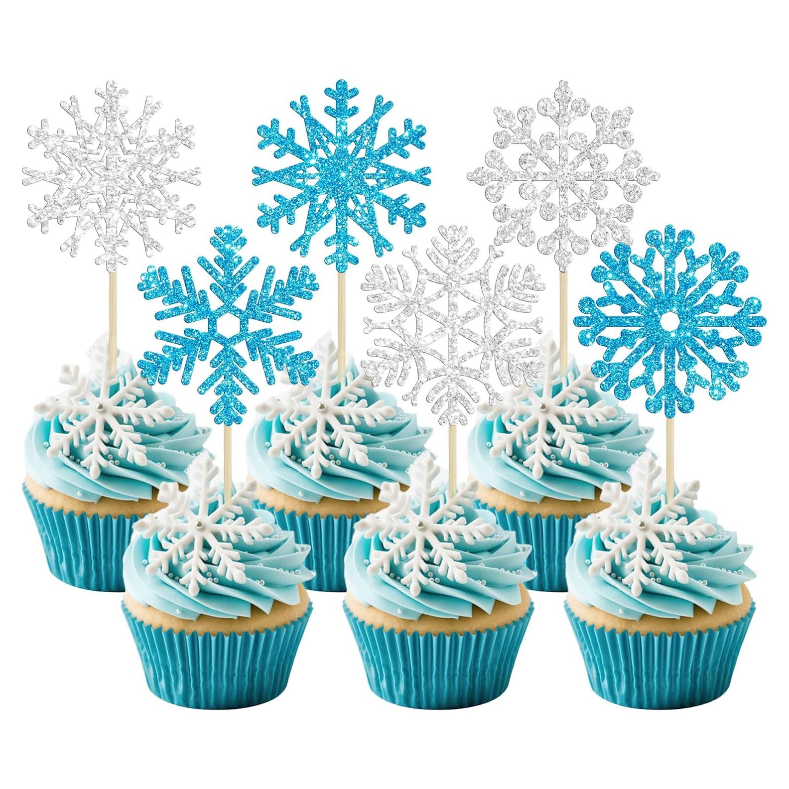 24 Adornos de Cupcake Copo de Nieve Ephlyn Azul Plateado