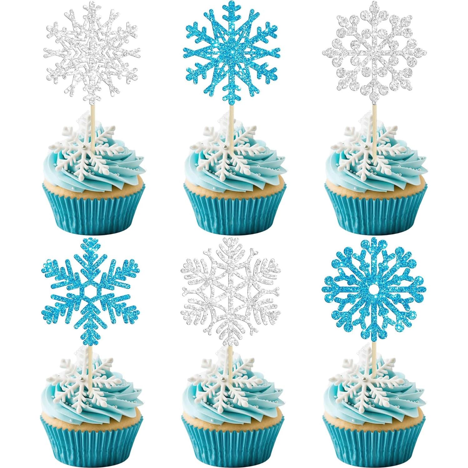 24 Adornos de Cupcake Copo de Nieve Ephlyn Azul Plateado
