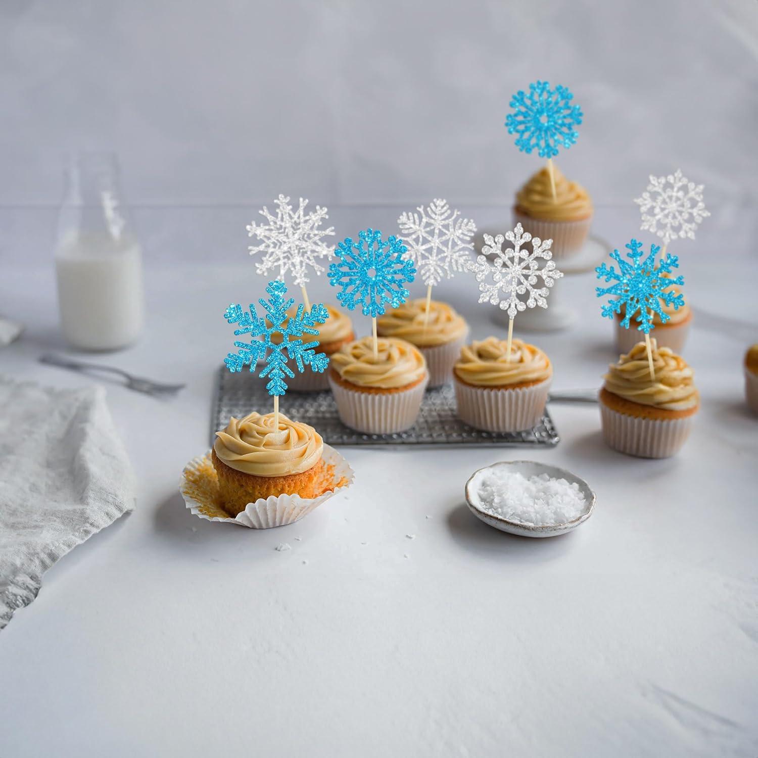 24 Adornos de Cupcake Copo de Nieve Ephlyn Azul Plateado