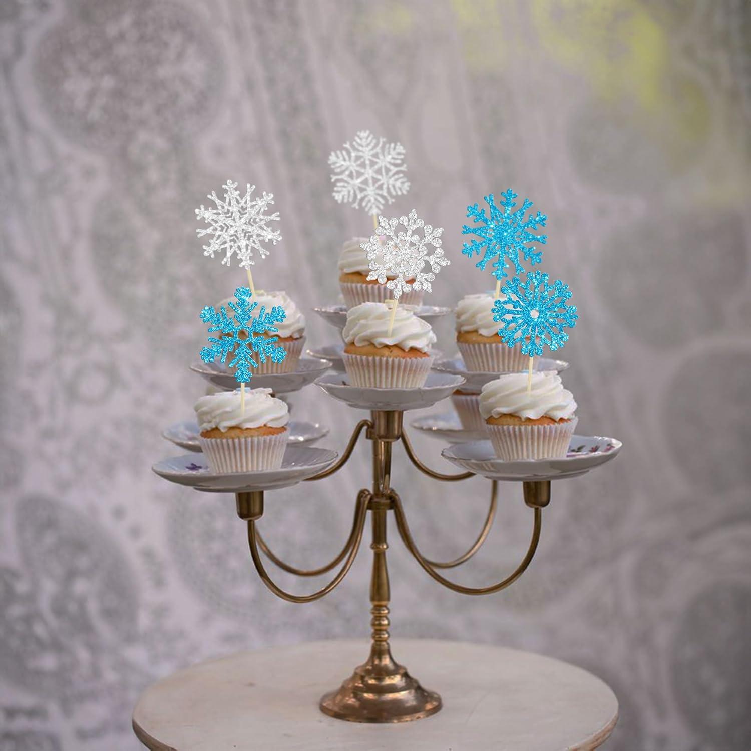 24 Adornos de Cupcake Copo de Nieve Ephlyn Azul Plateado