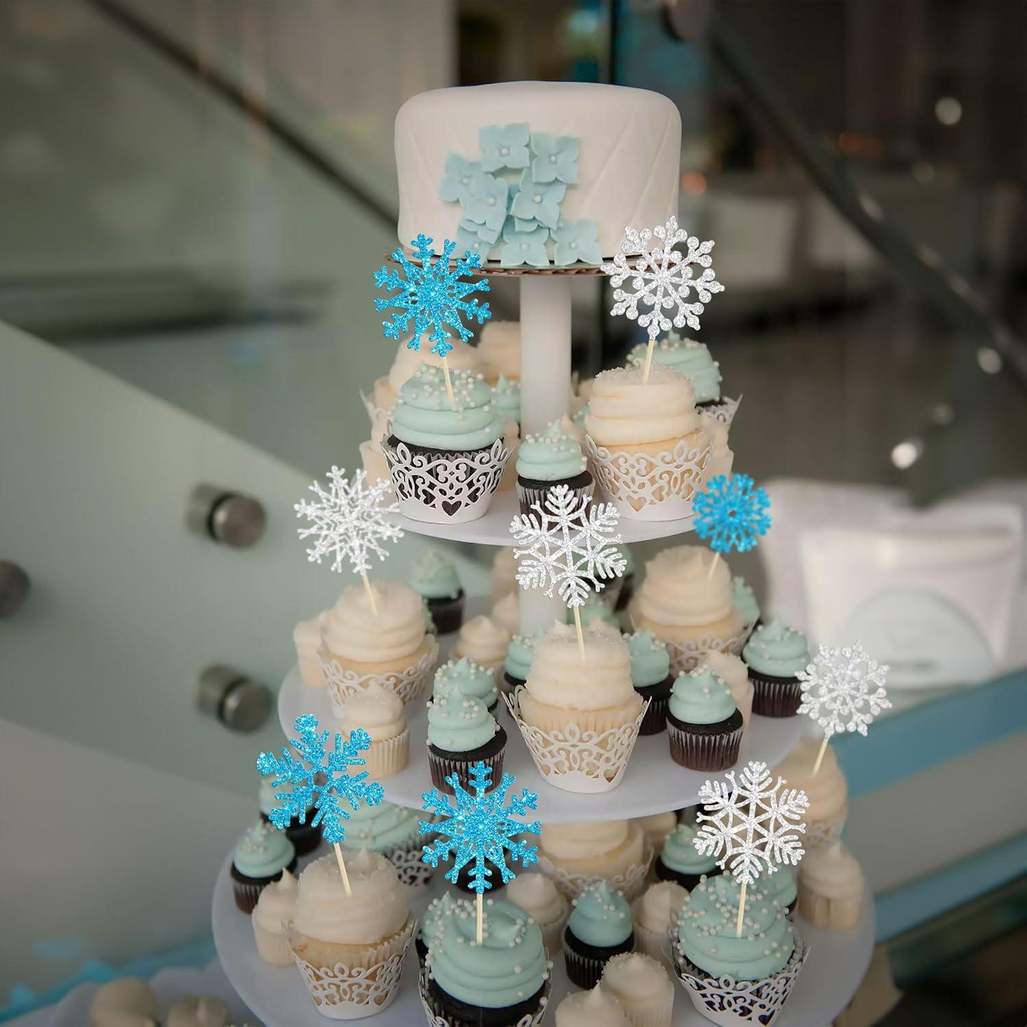 24 Adornos de Cupcake Copo de Nieve Ephlyn Azul Plateado