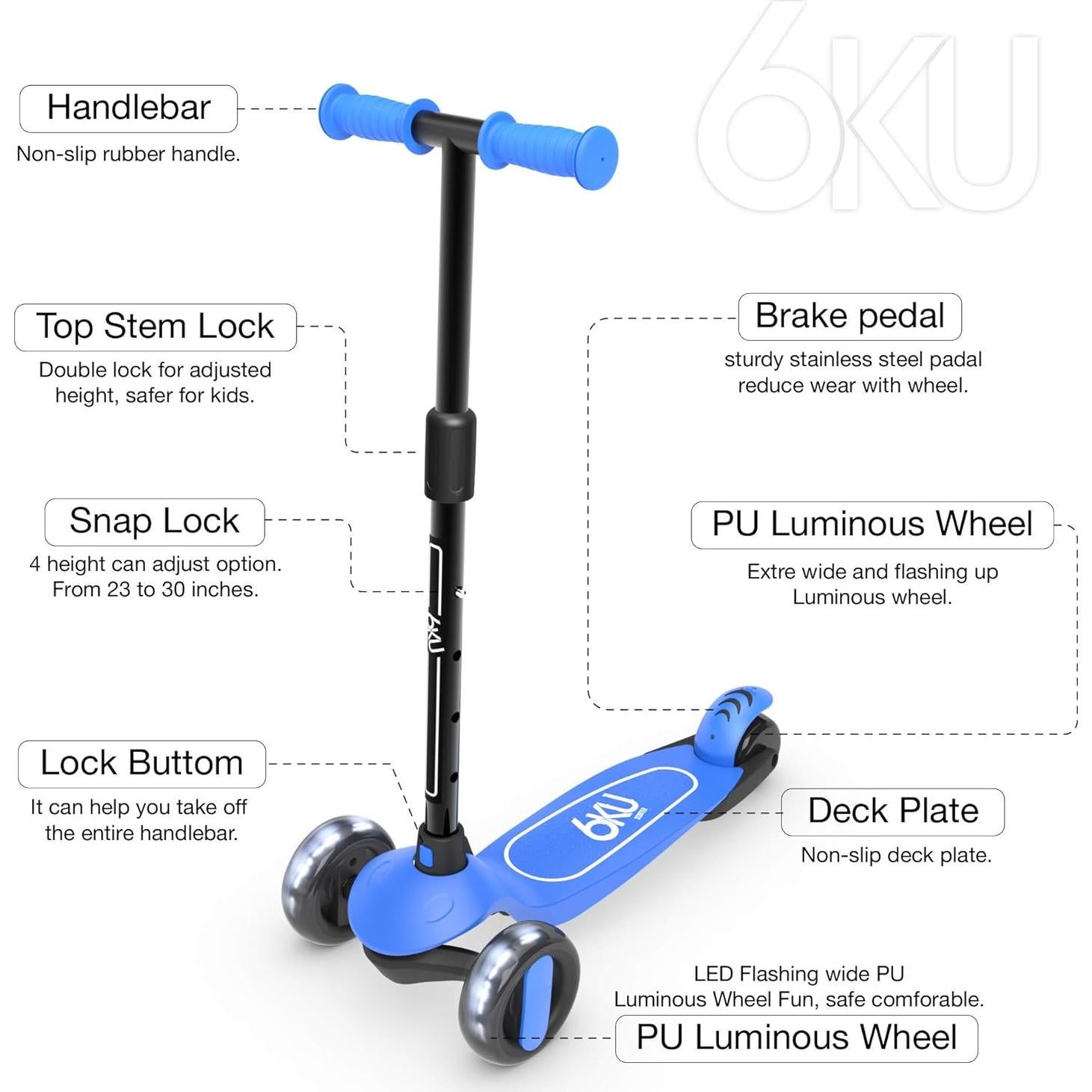 Scooter 6KU para Niños 3-10 Años con Ruedas LED y Manillar Ajustable