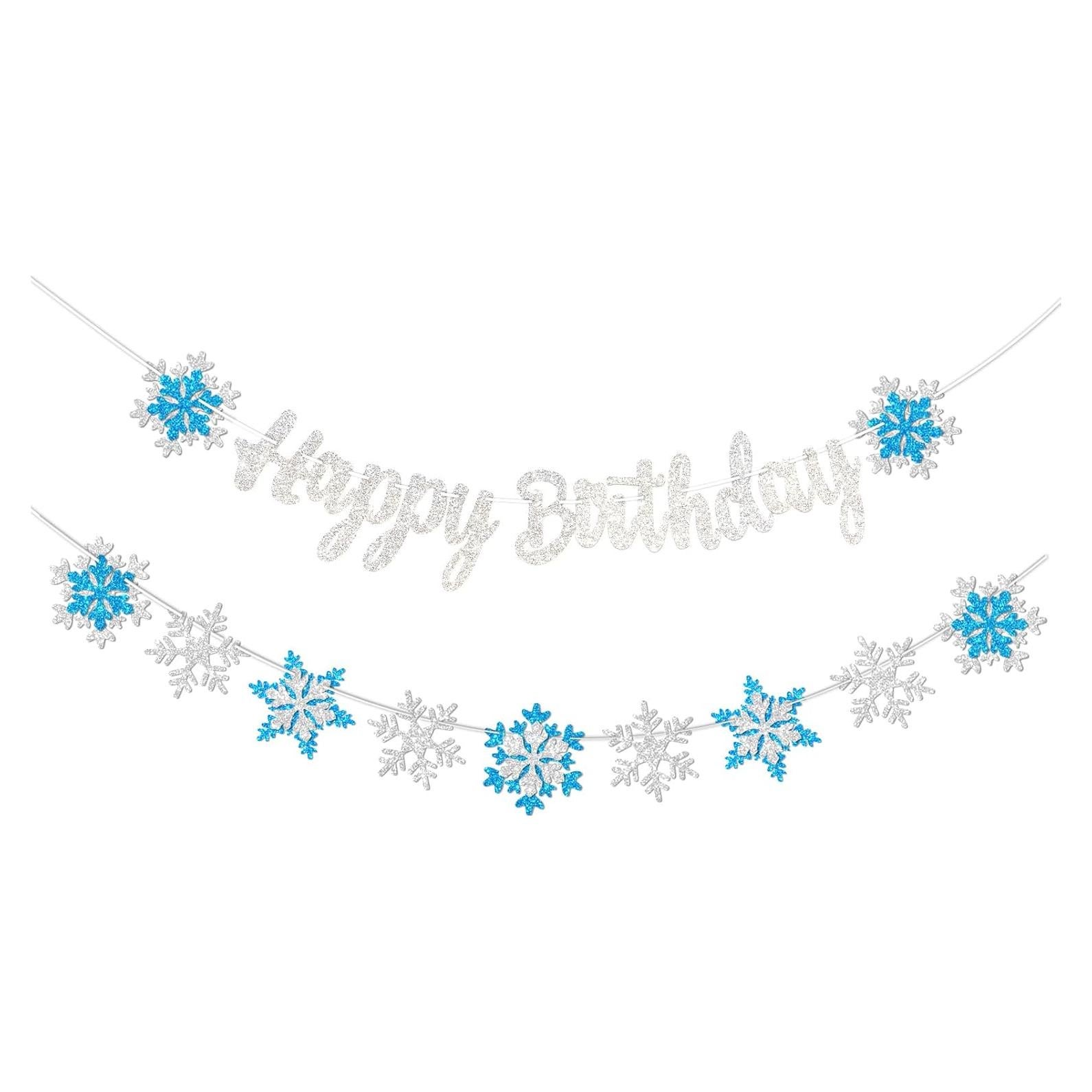Banner de Cumpleaños Congelado FHGG - Copos de Nieve Azul y Blanco