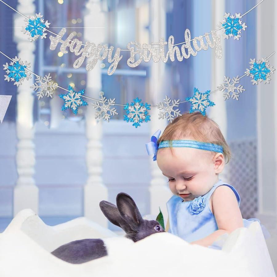 Banner de Cumpleaños Congelado FHGG - Copos de Nieve Azul y Blanco