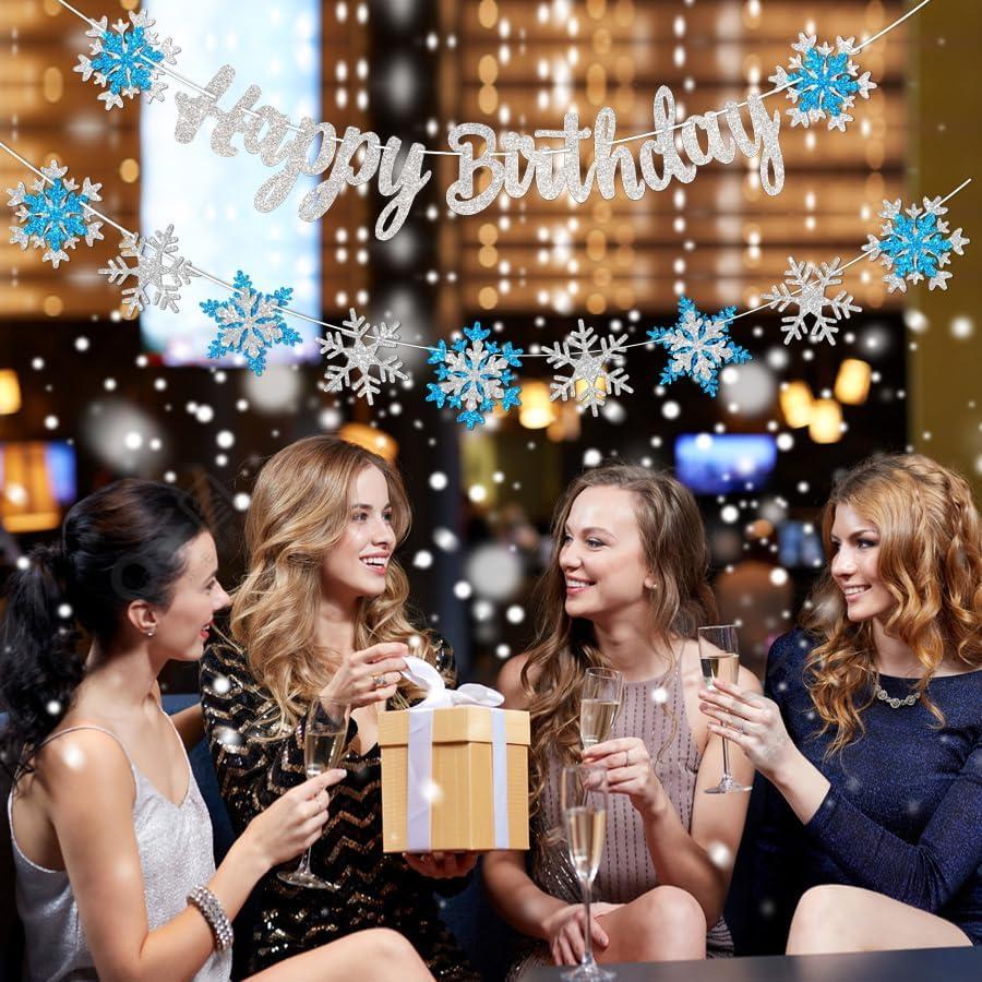 Banner de Cumpleaños Congelado FHGG - Copos de Nieve Azul y Blanco