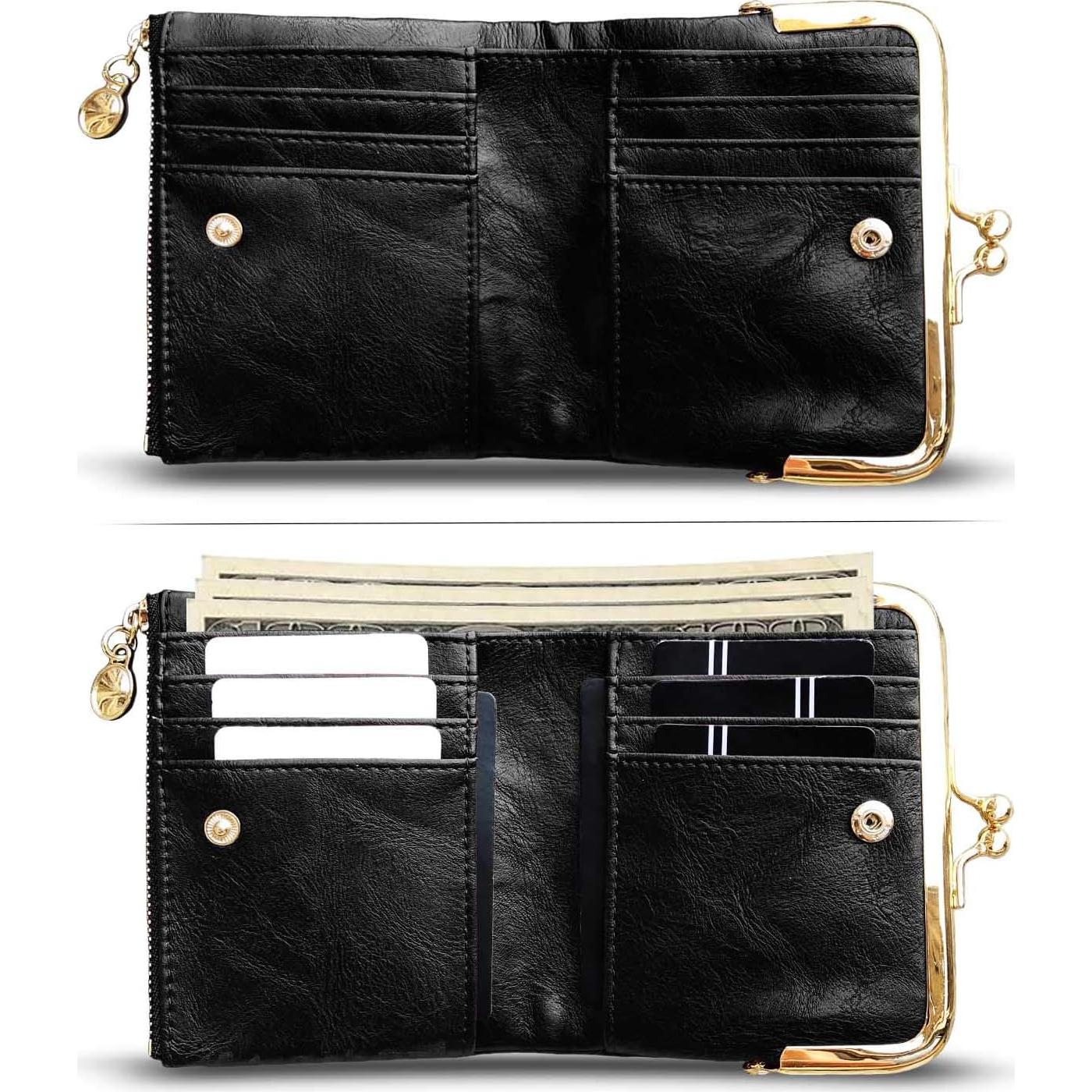 Billetera Bifold Pequeña AOXONEL para Mujeres RFID Cuero Negro