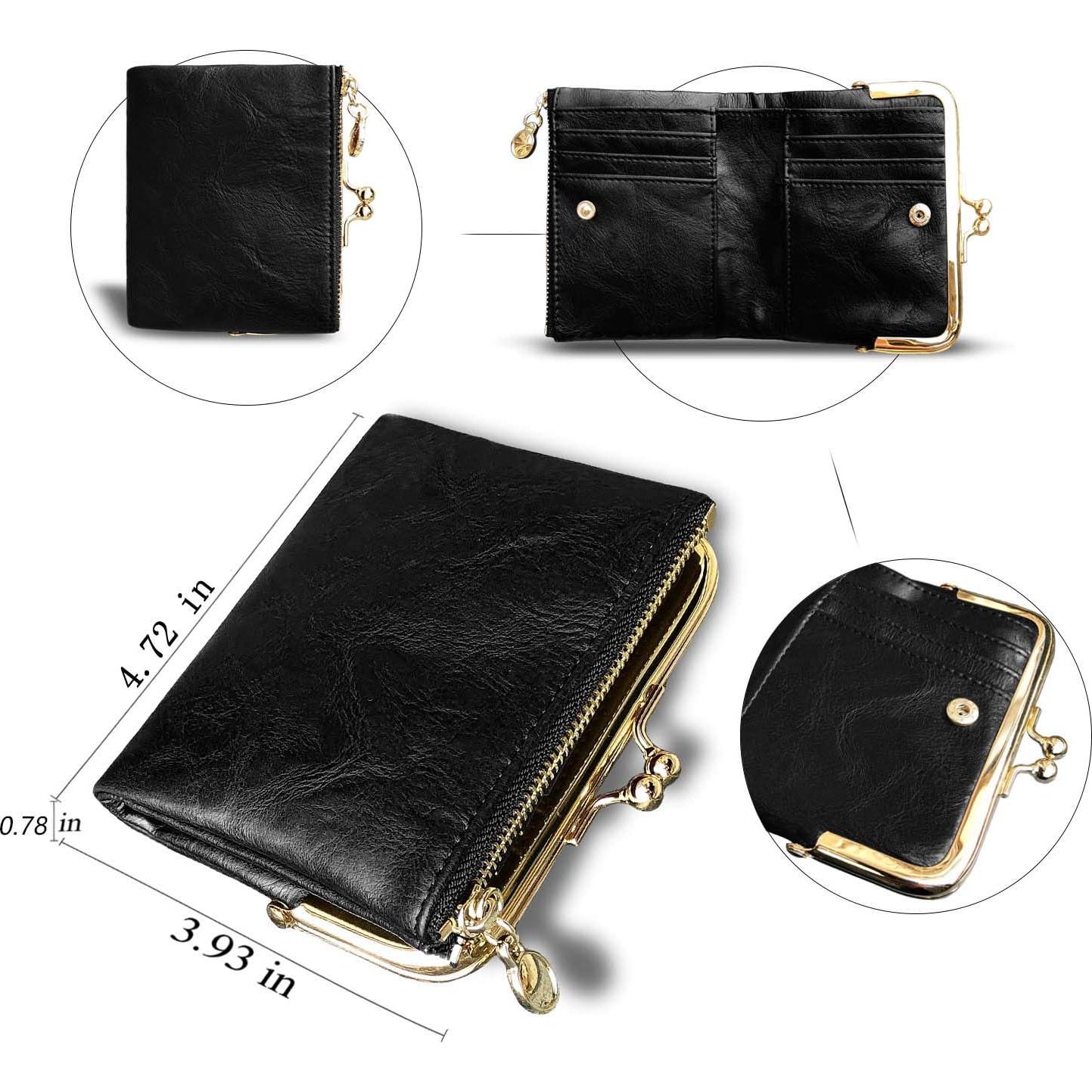 Billetera Bifold Pequeña AOXONEL para Mujeres RFID Cuero Negro