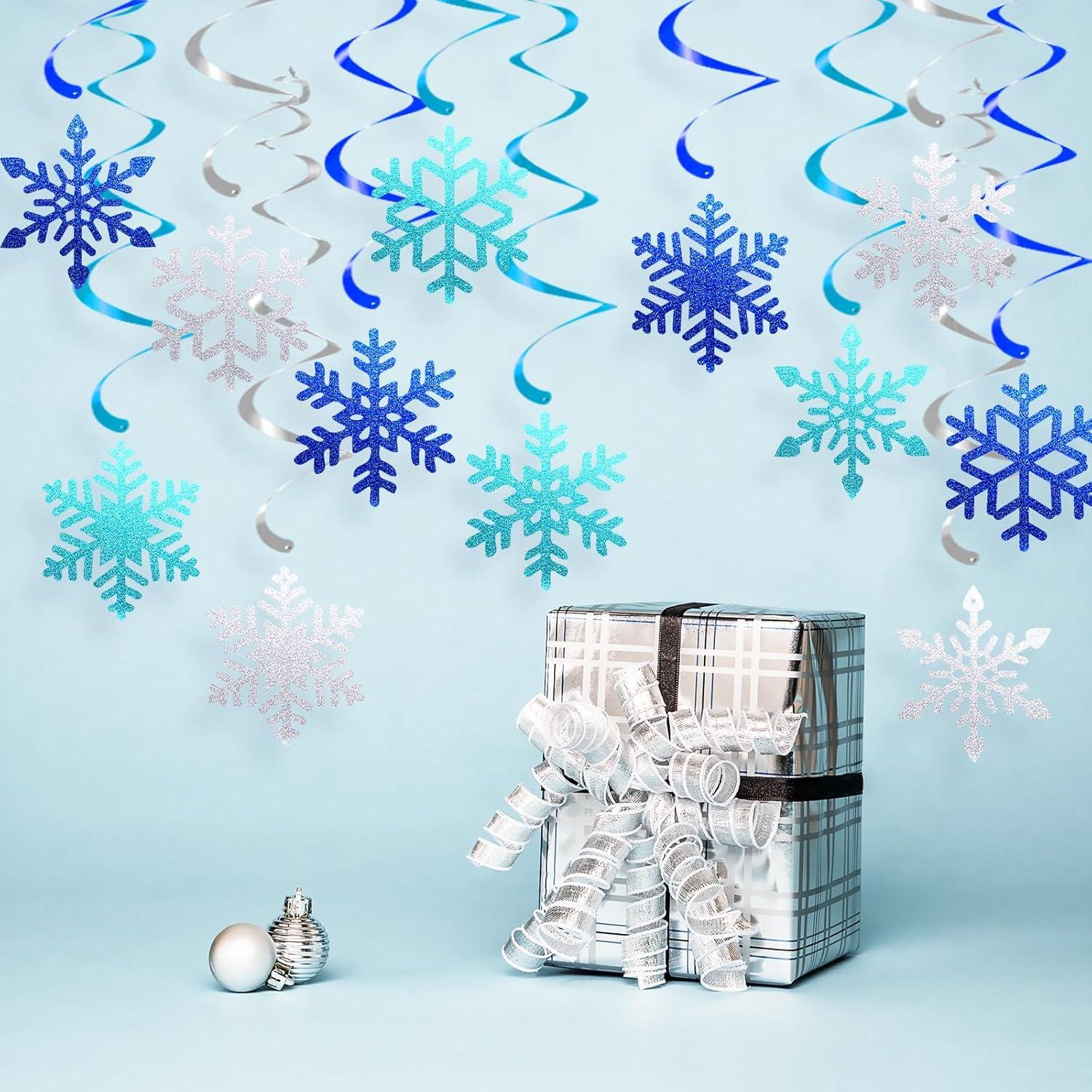 20 Decoraciones Colgantes Copos de Nieve PartyGarden Azul Verde Plateado