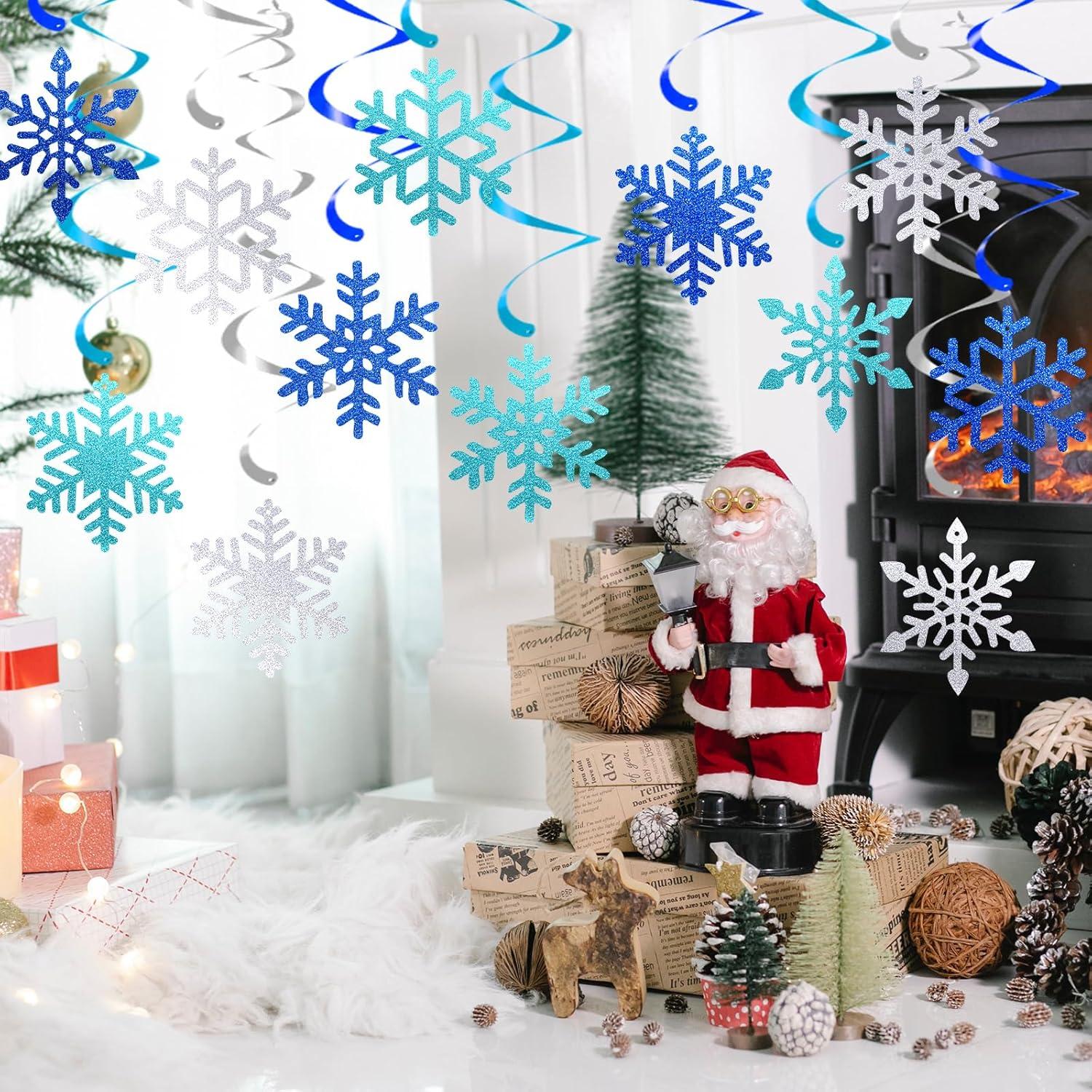 20 Decoraciones Colgantes Copos de Nieve PartyGarden Azul Verde Plateado