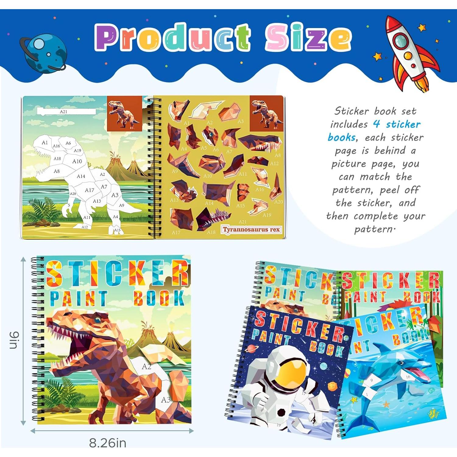 Libro de Pintura con Stickers Homicozy 3PCS Dinosaurios y Más