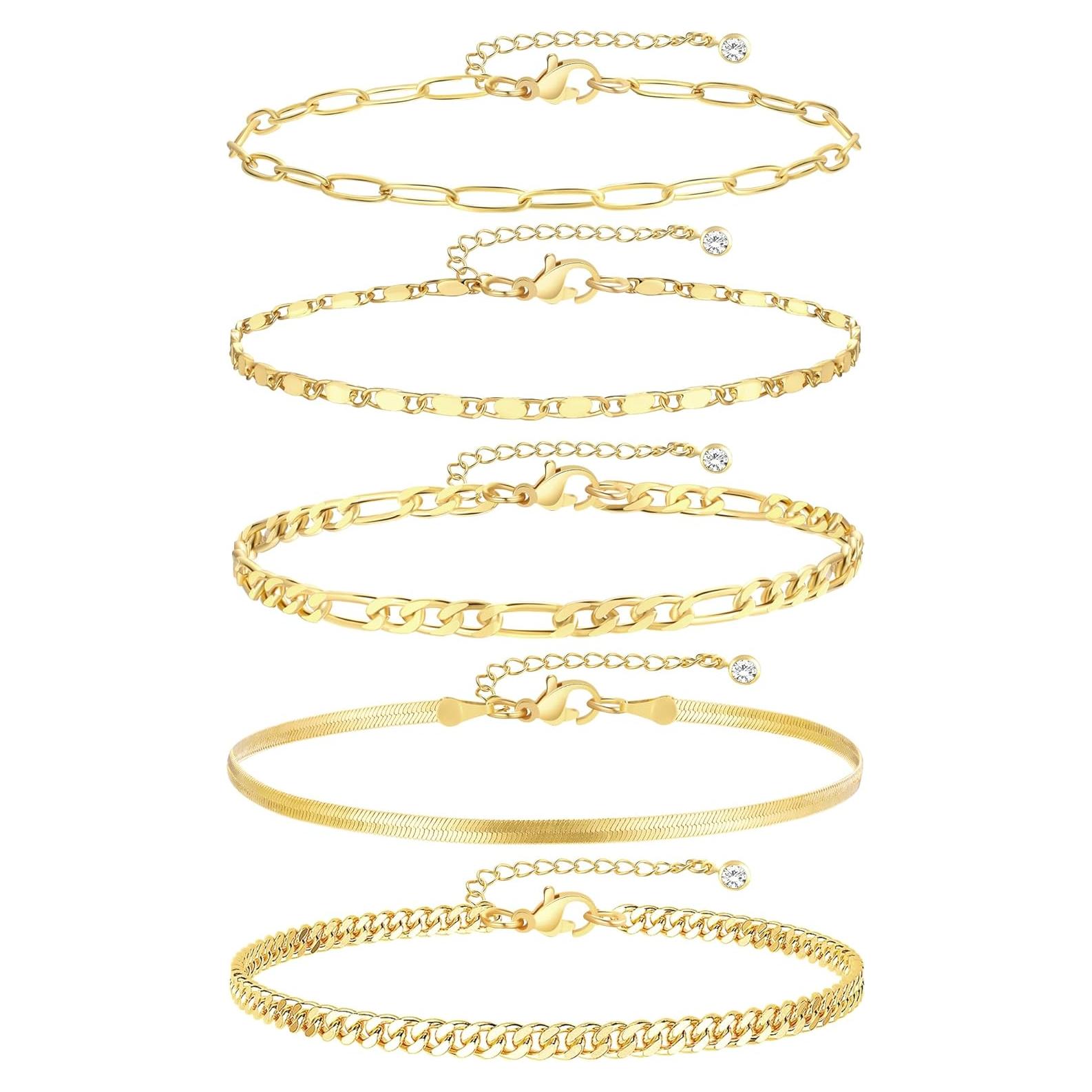 Conjunto de Pulseras de Tobillo de Oro 14K para Mujeres 5pc