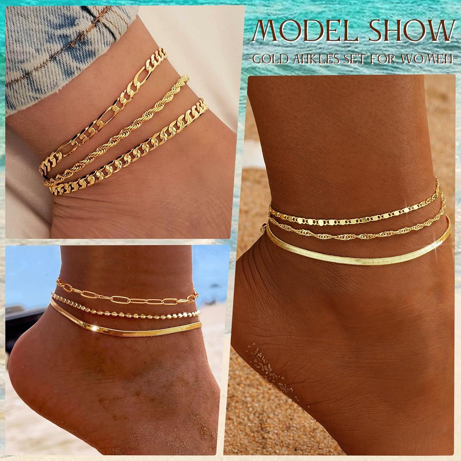 Conjunto de Pulseras de Tobillo de Oro 14K para Mujeres 5pc