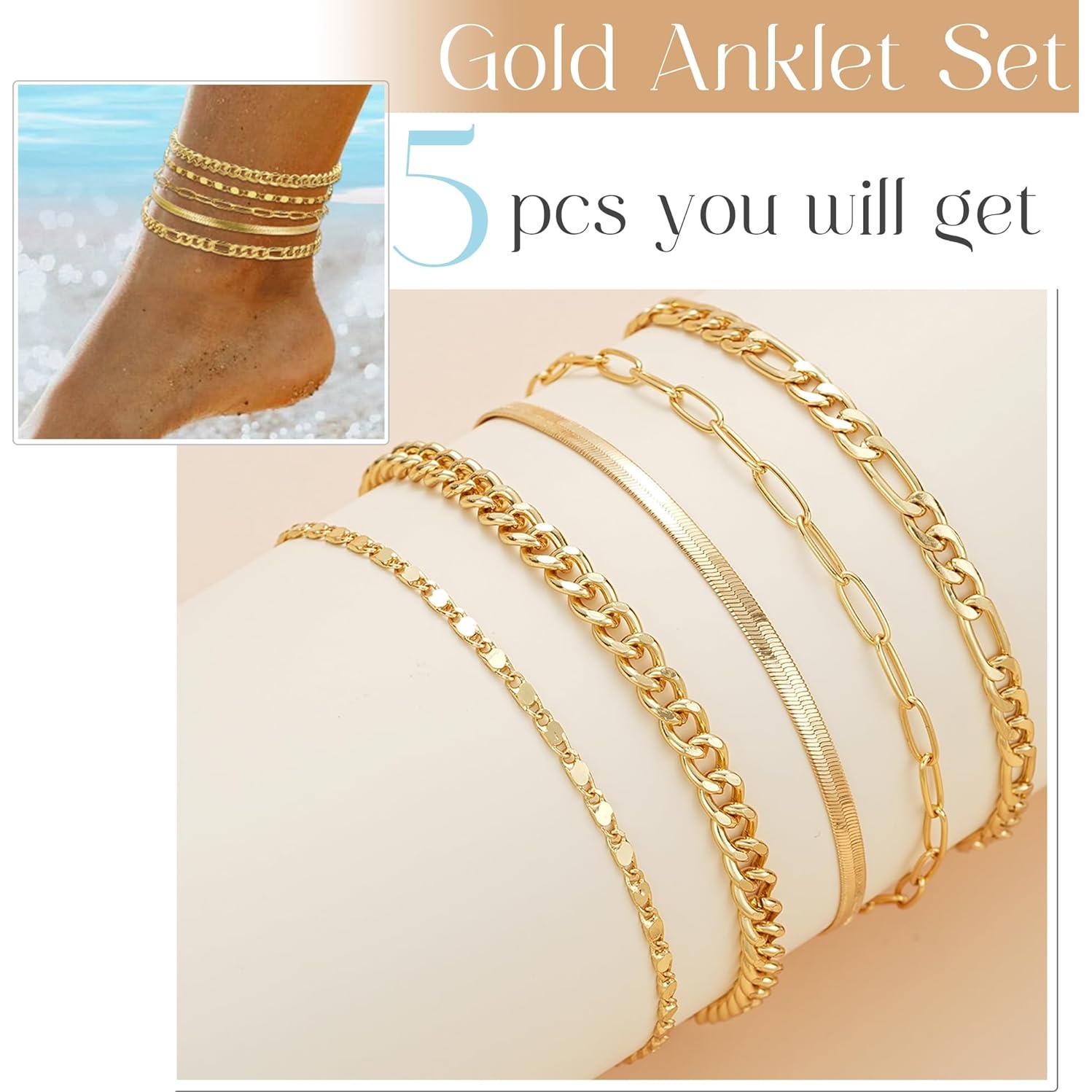Conjunto de Pulseras de Tobillo de Oro 14K para Mujeres 5pc